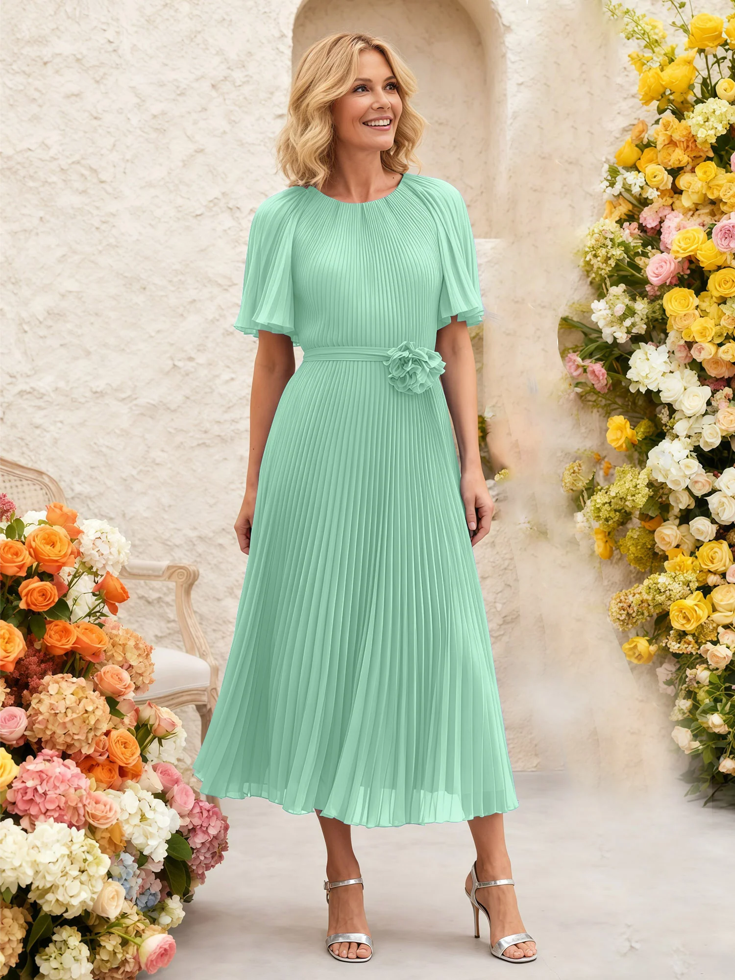 Chiffon Pleated Midi Dress with Floral Waist Detail Mint Green