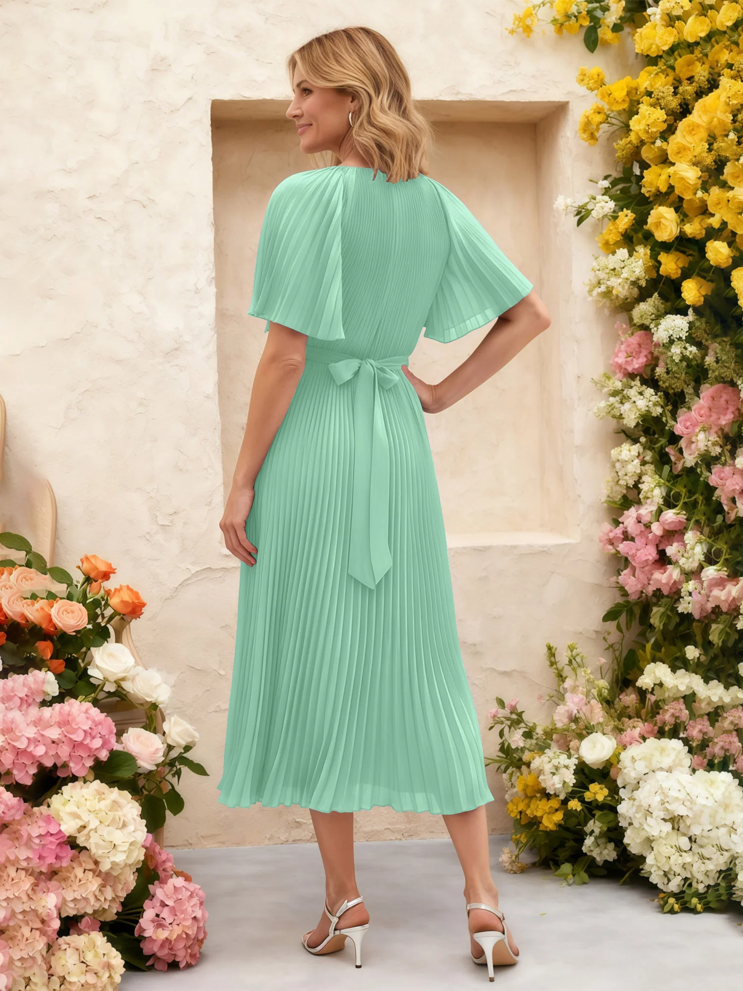 Chiffon Pleated Midi Dress with Floral Waist Detail Mint Green - Image 2