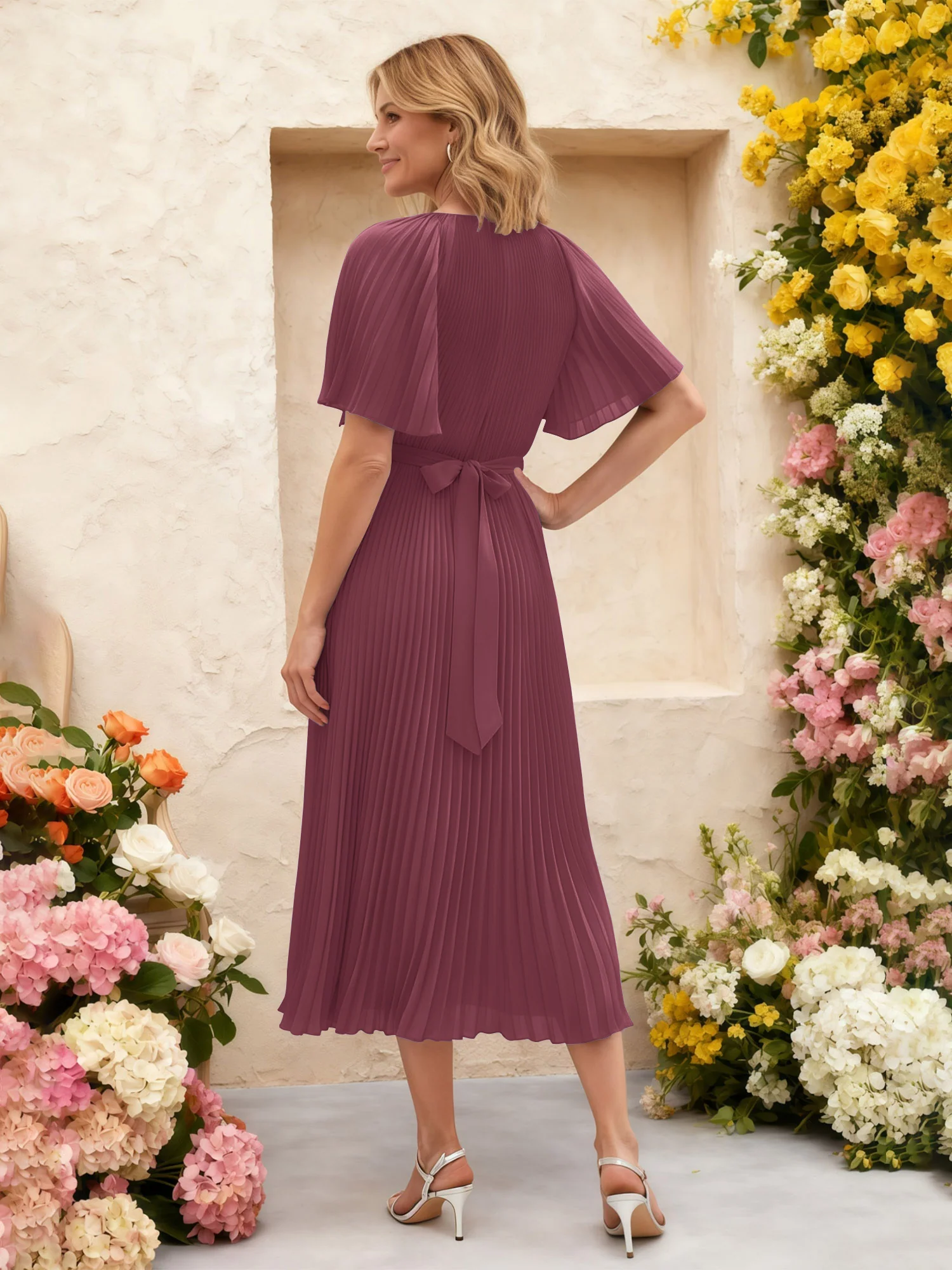 Chiffon Pleated Midi Dress with Floral Waist Detail Mulberry - Image 2