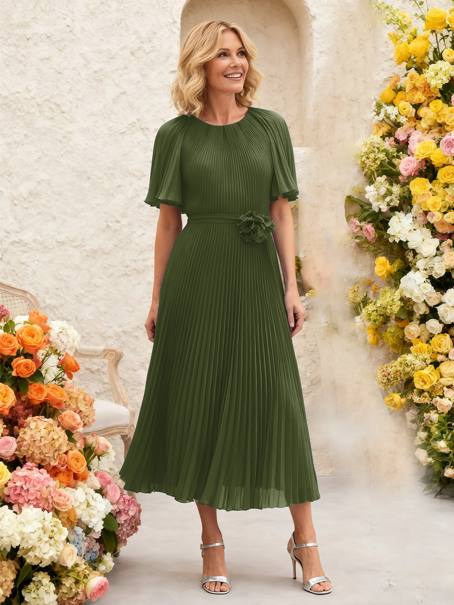 Chiffon Pleated Midi Dress with Floral Waist Detail Olive Green