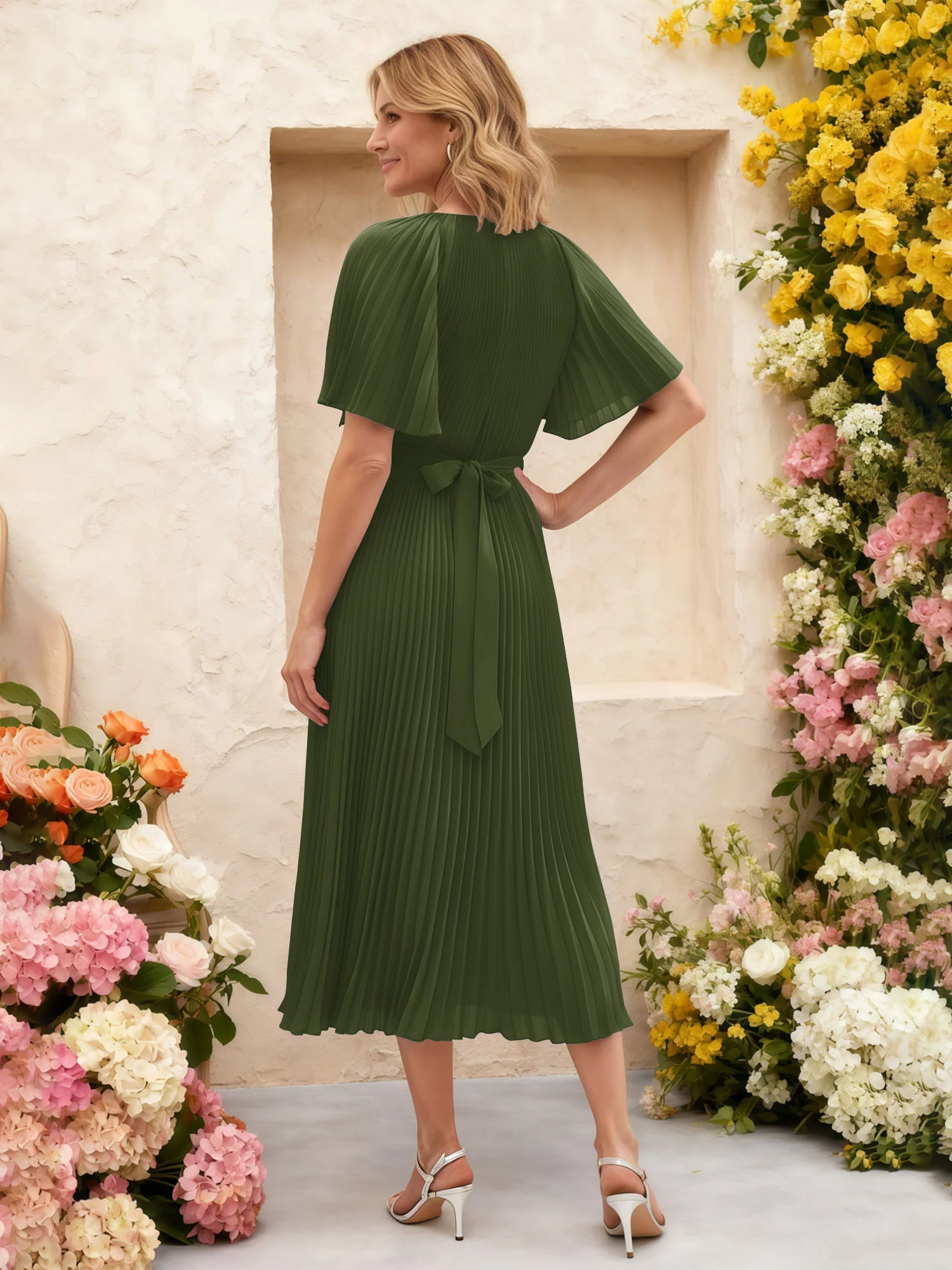 Chiffon Pleated Midi Dress with Floral Waist Detail Olive Green - Image 2