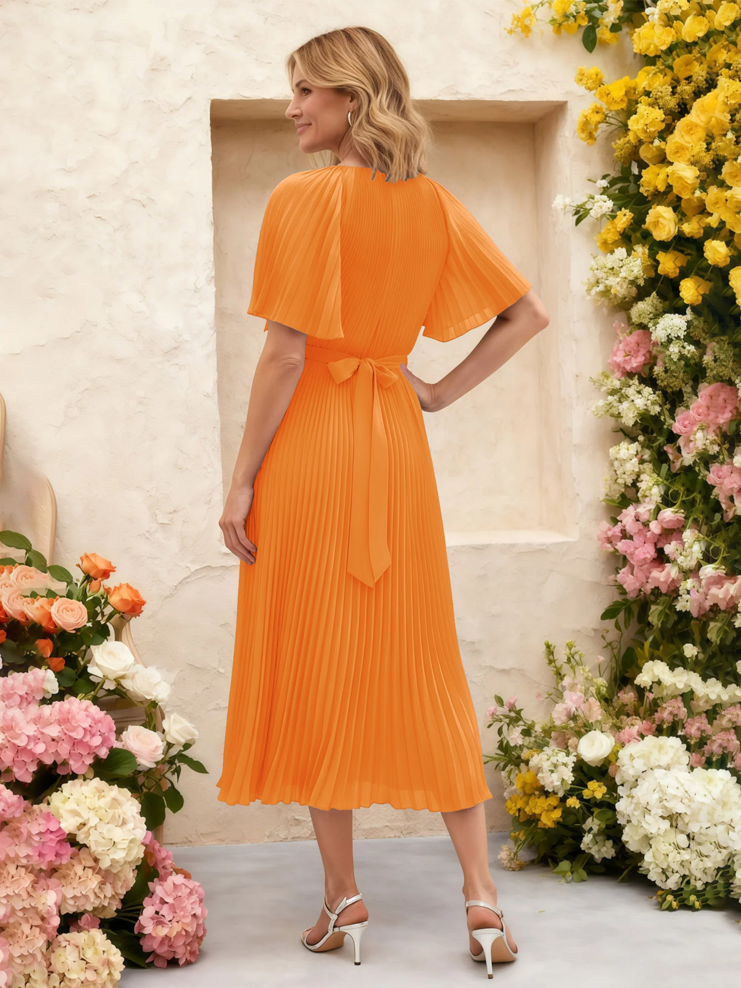 Chiffon Pleated Midi Dress with Floral Waist Detail Orange - Image 2