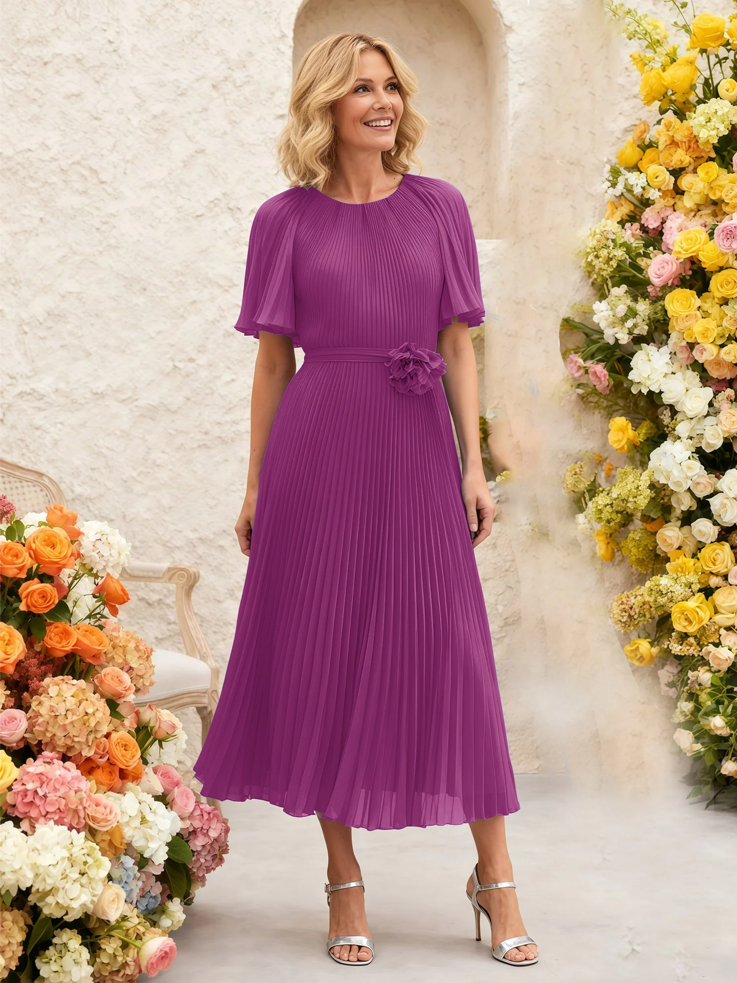 Chiffon Pleated Midi Dress with Floral Waist Detail Orchid