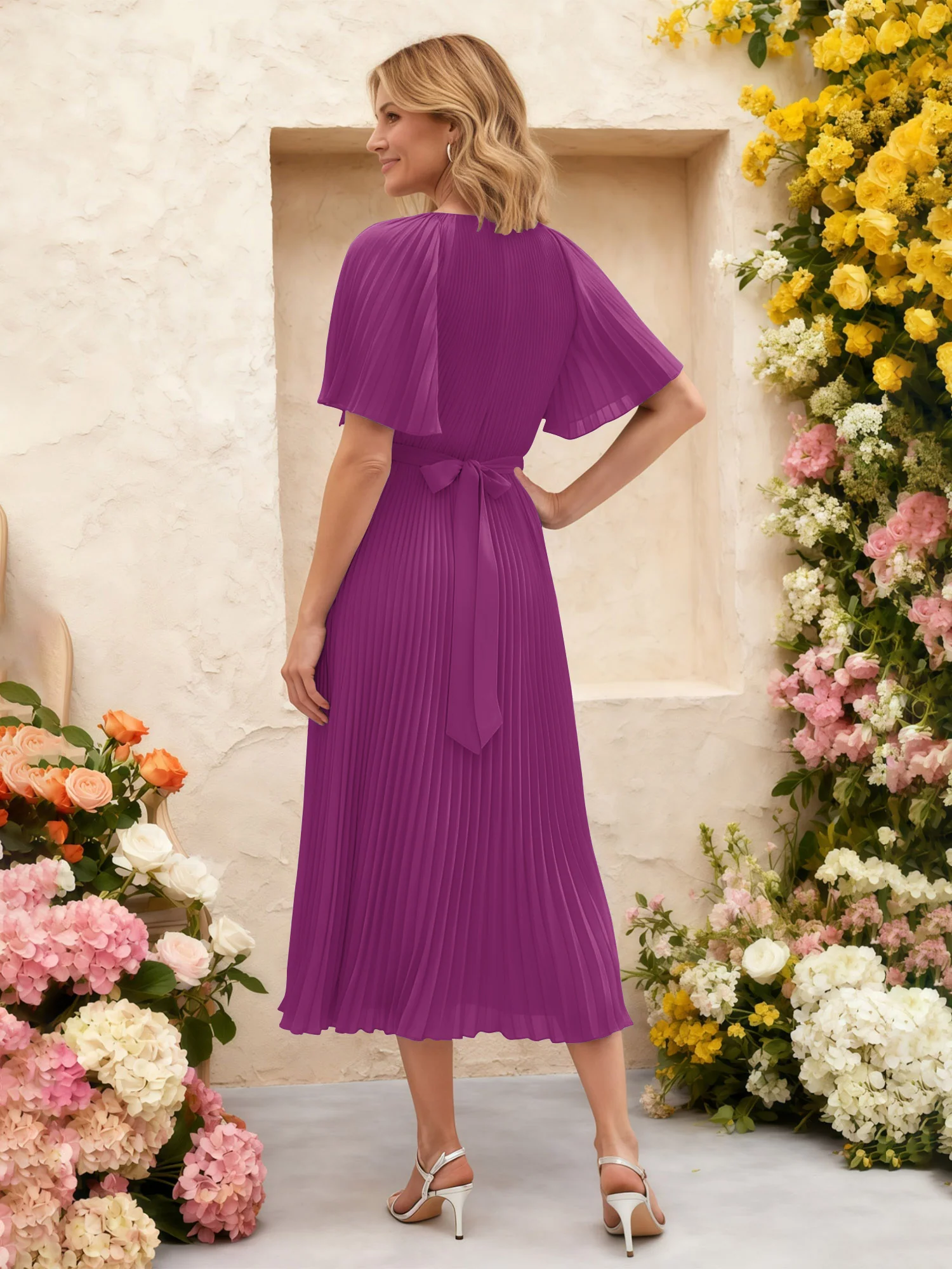 Chiffon Pleated Midi Dress with Floral Waist Detail Orchid - Image 2