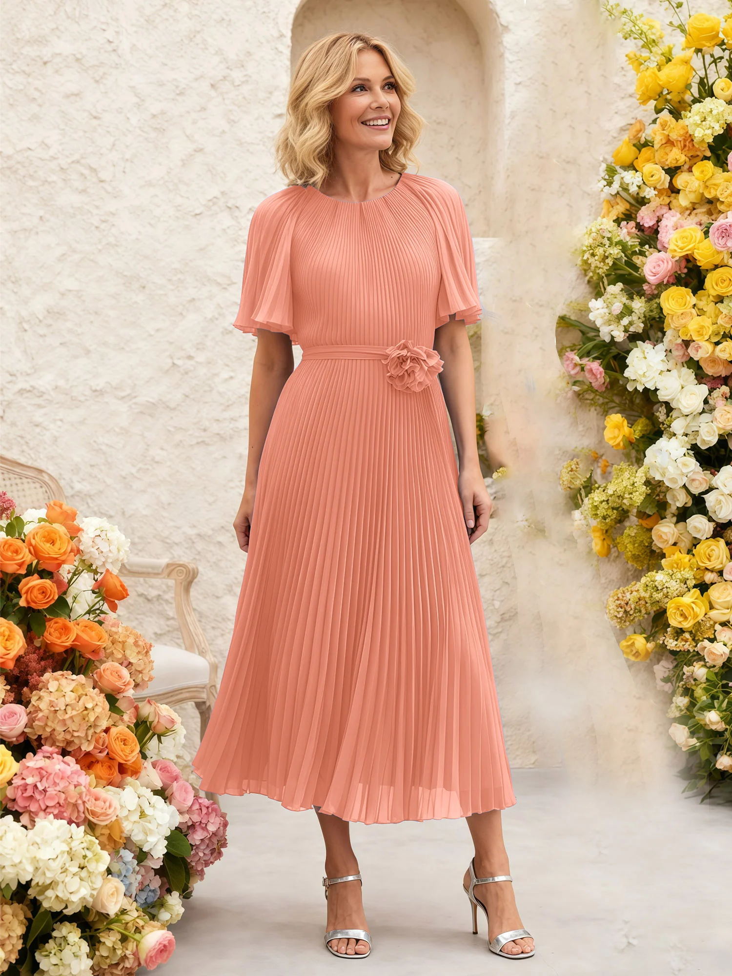 Chiffon Pleated Midi Dress with Floral Waist Detail Papaya