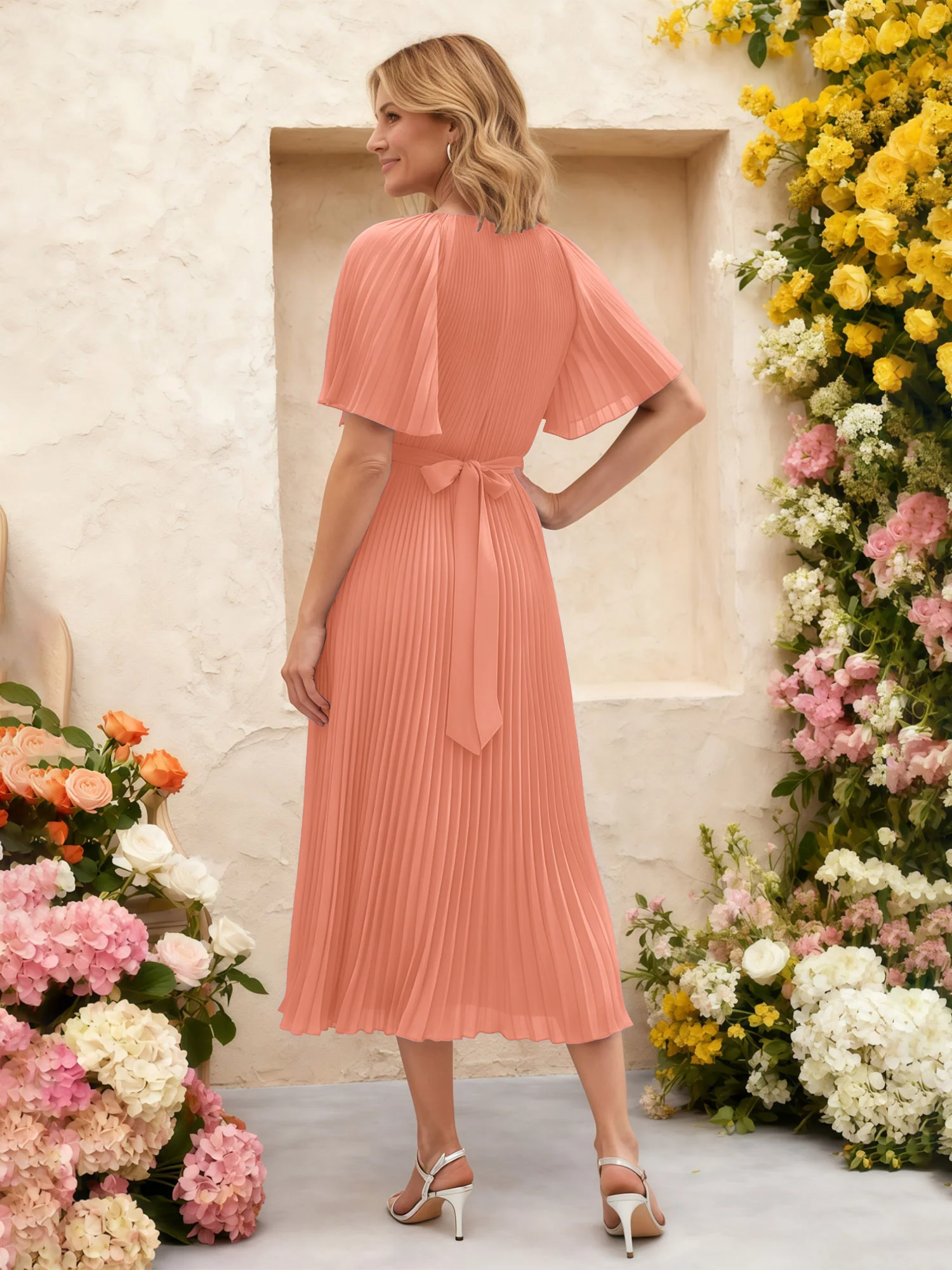 Chiffon Pleated Midi Dress with Floral Waist Detail Papaya - Image 2