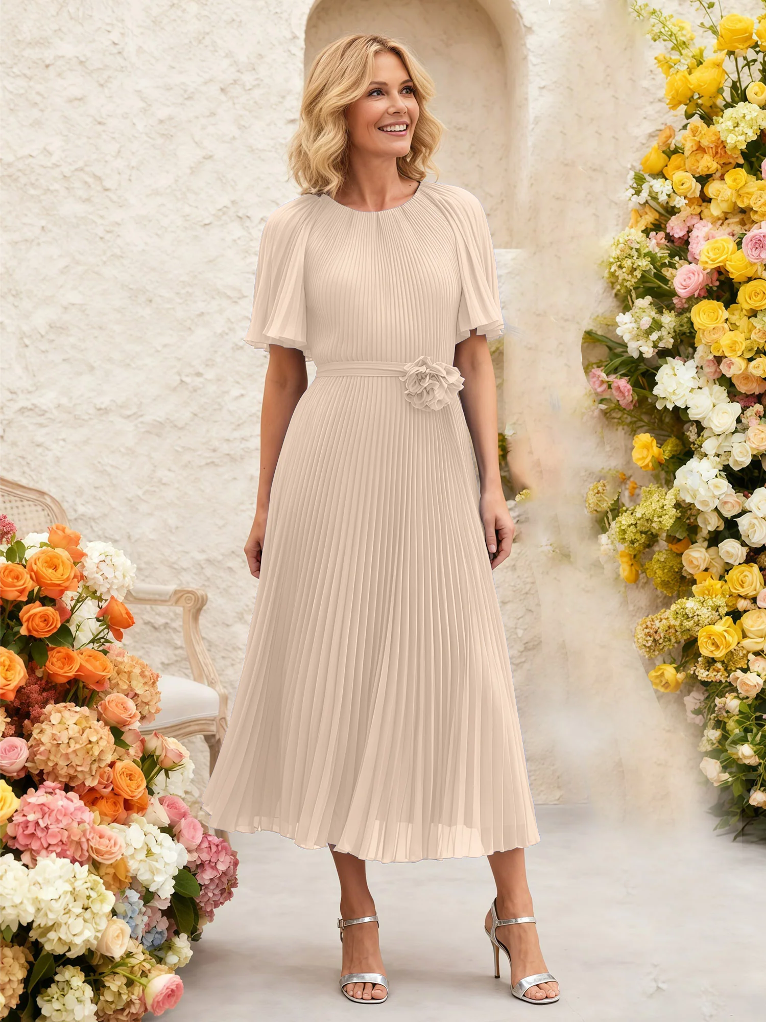 Chiffon Pleated Midi Dress with Floral Waist Detail Peach