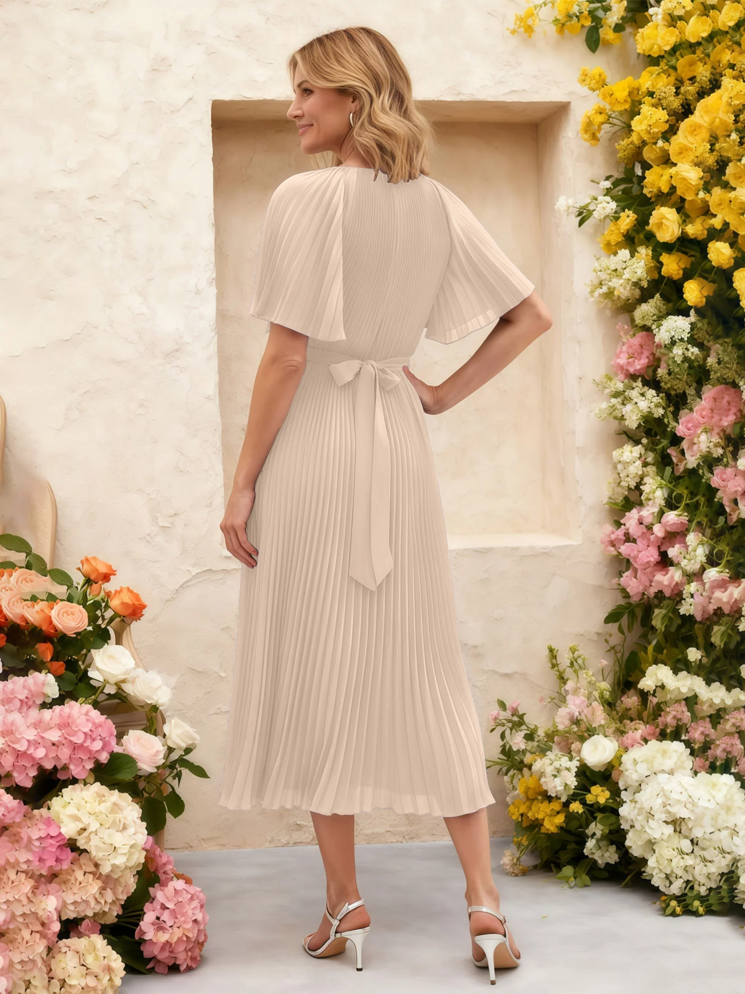 Chiffon Pleated Midi Dress with Floral Waist Detail Peach - Image 2