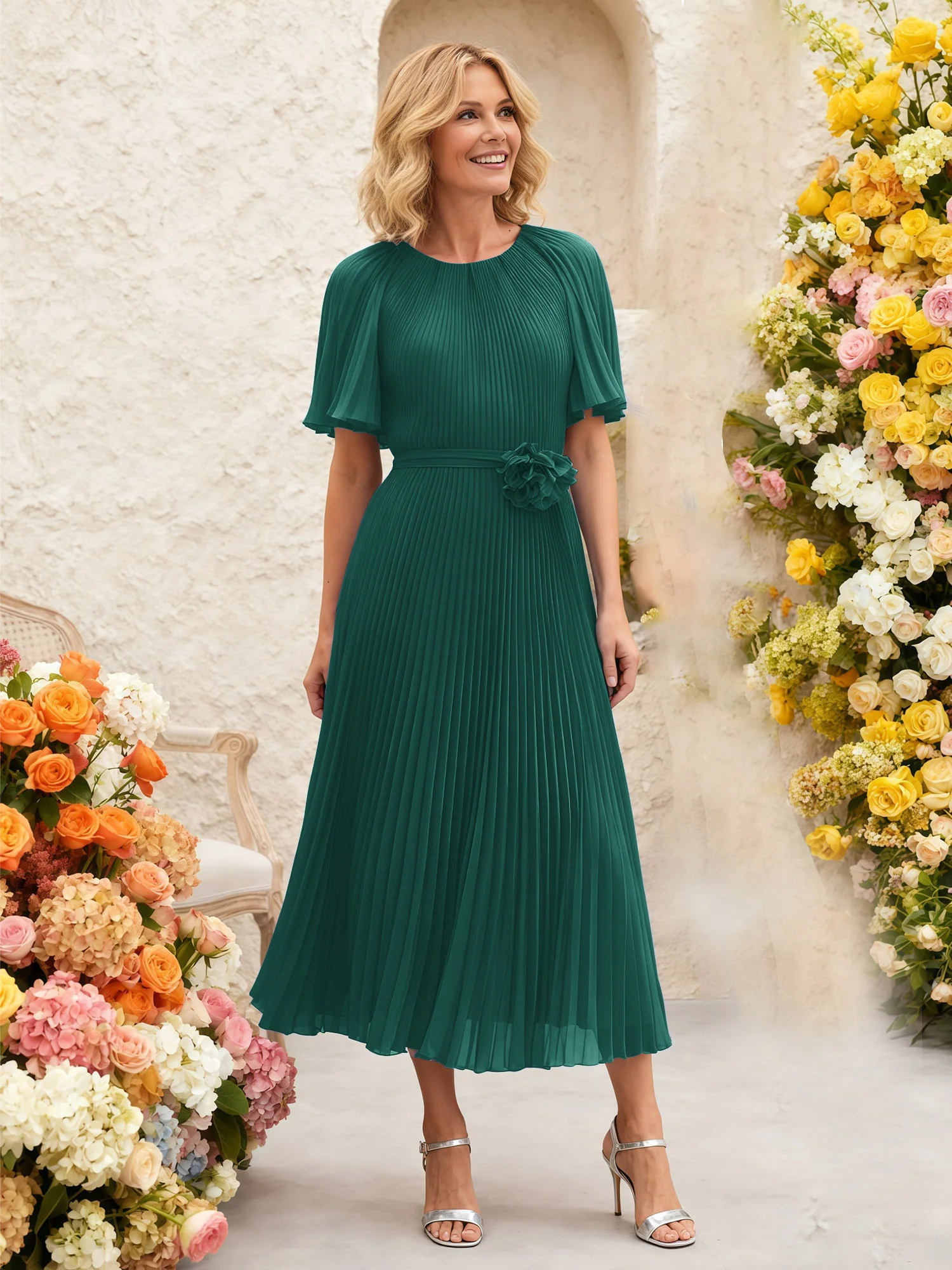Chiffon Pleated Midi Dress with Floral Waist Detail Peacock