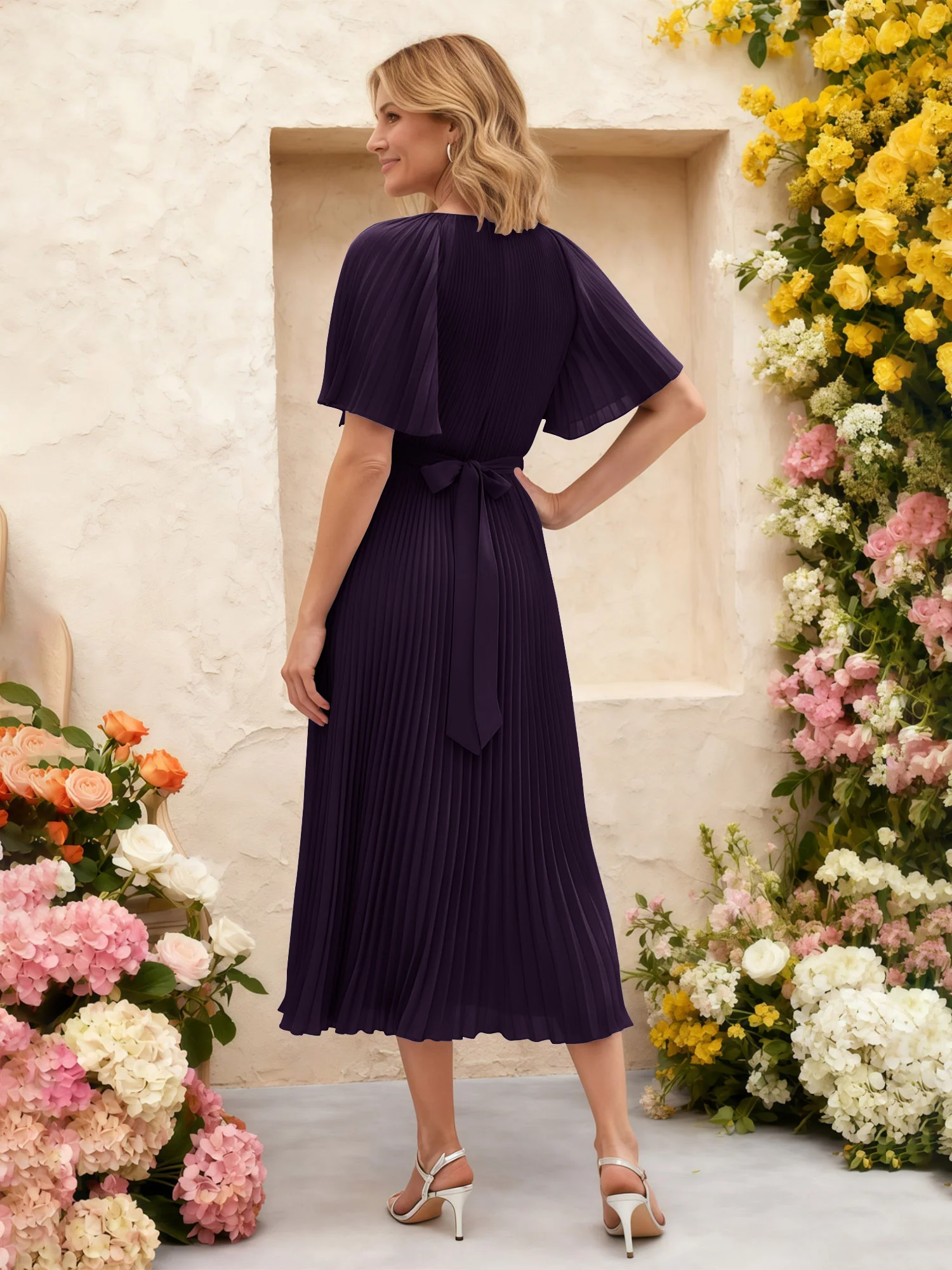 Chiffon Pleated Midi Dress with Floral Waist Detail Plum - Image 2