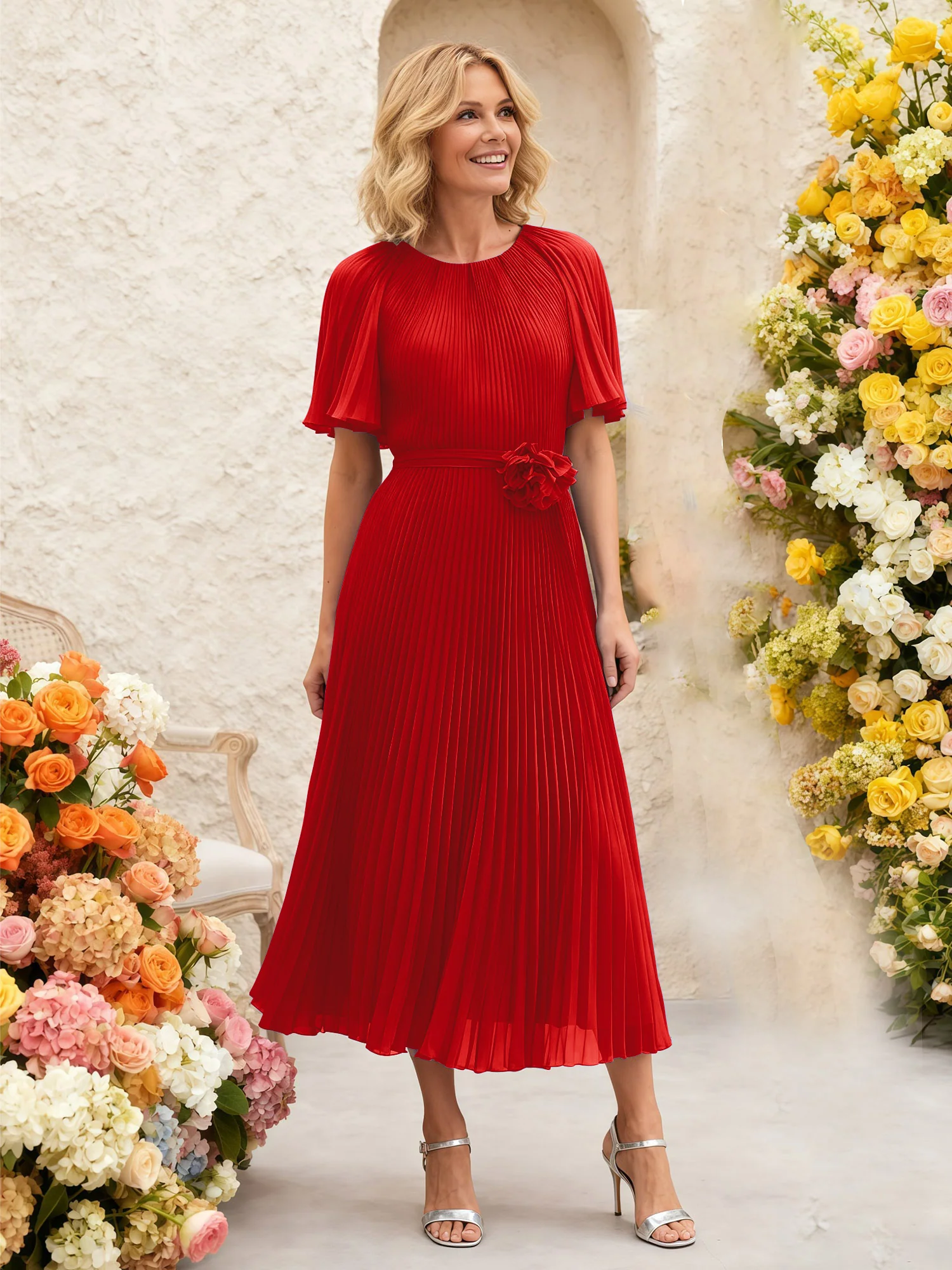 Chiffon Pleated Midi Dress with Floral Waist Detail Red