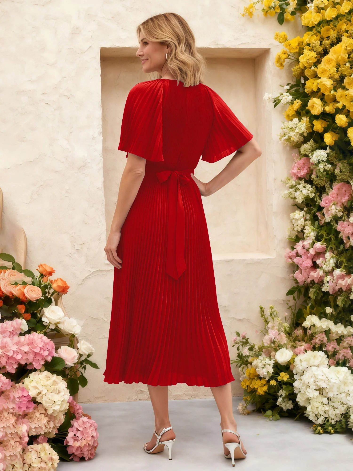 Chiffon Pleated Midi Dress with Floral Waist Detail Red - Image 2