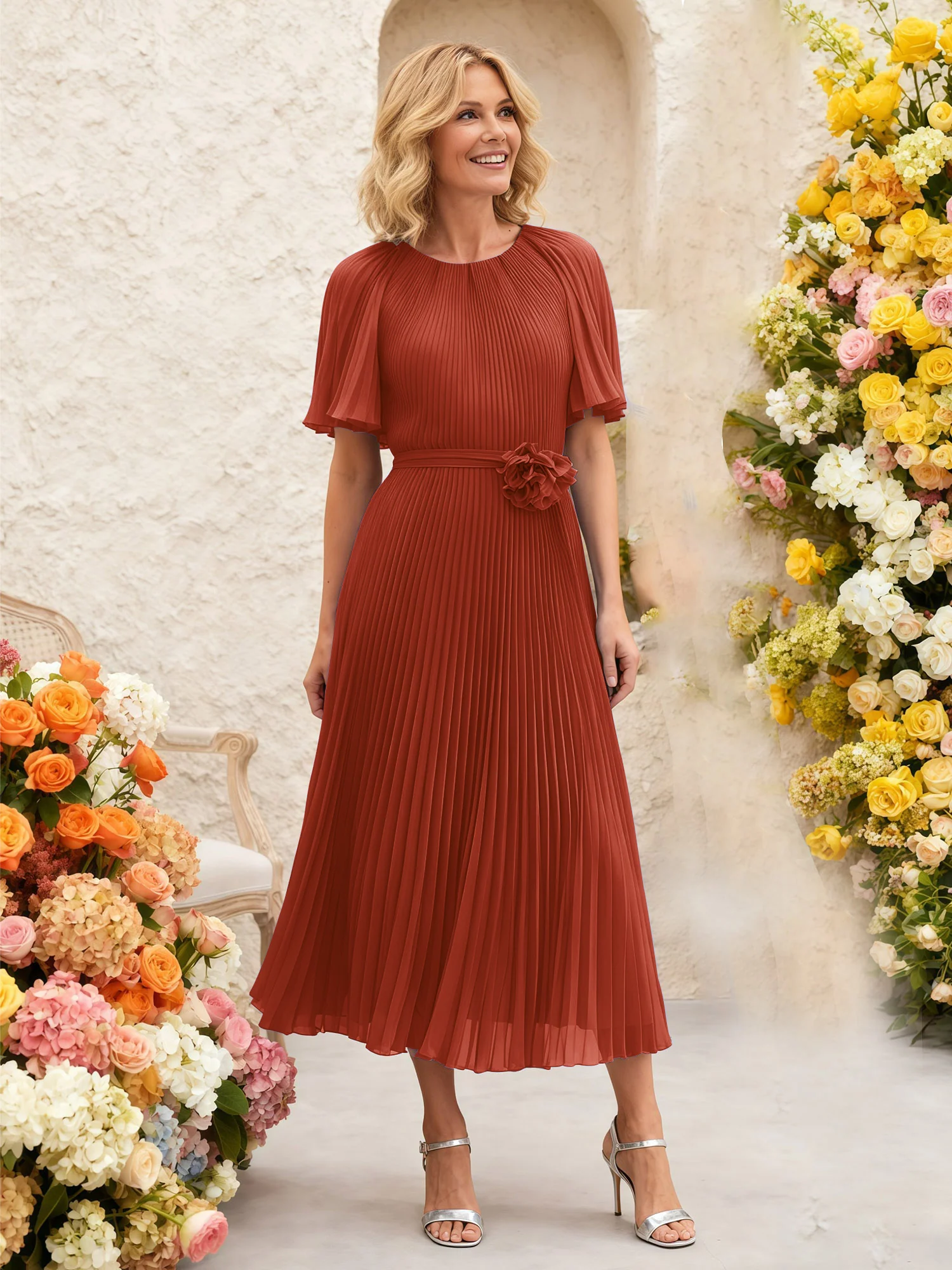 Chiffon Pleated Midi Dress with Floral Waist Detail Rust