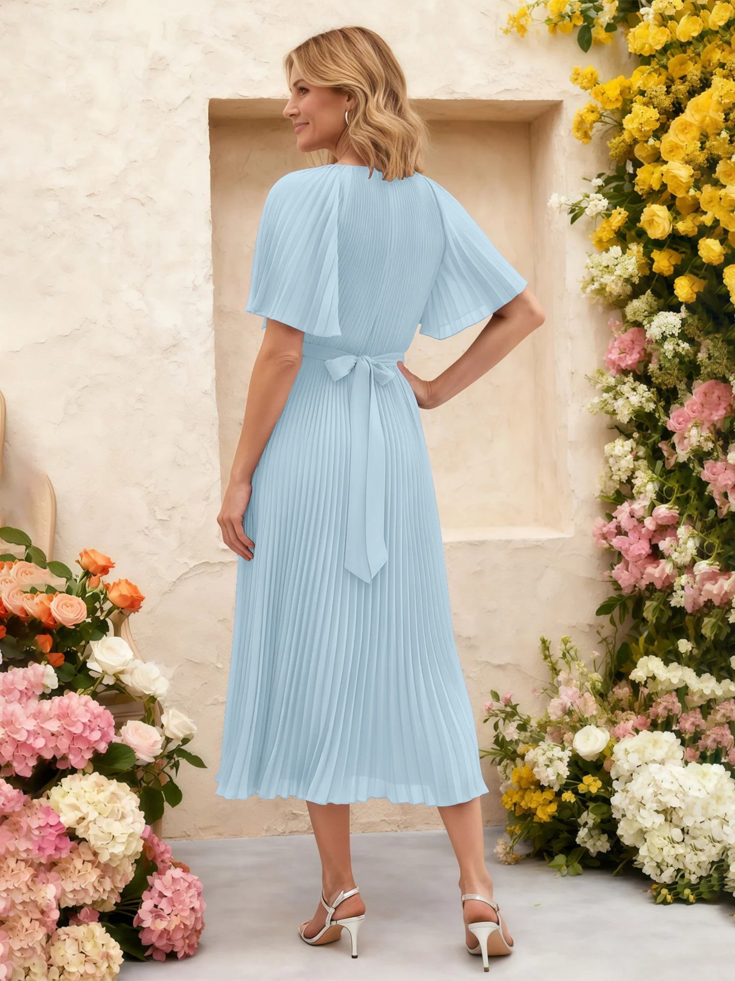 Chiffon Pleated Midi Dress with Floral Waist Detail Sky Blue - Image 2