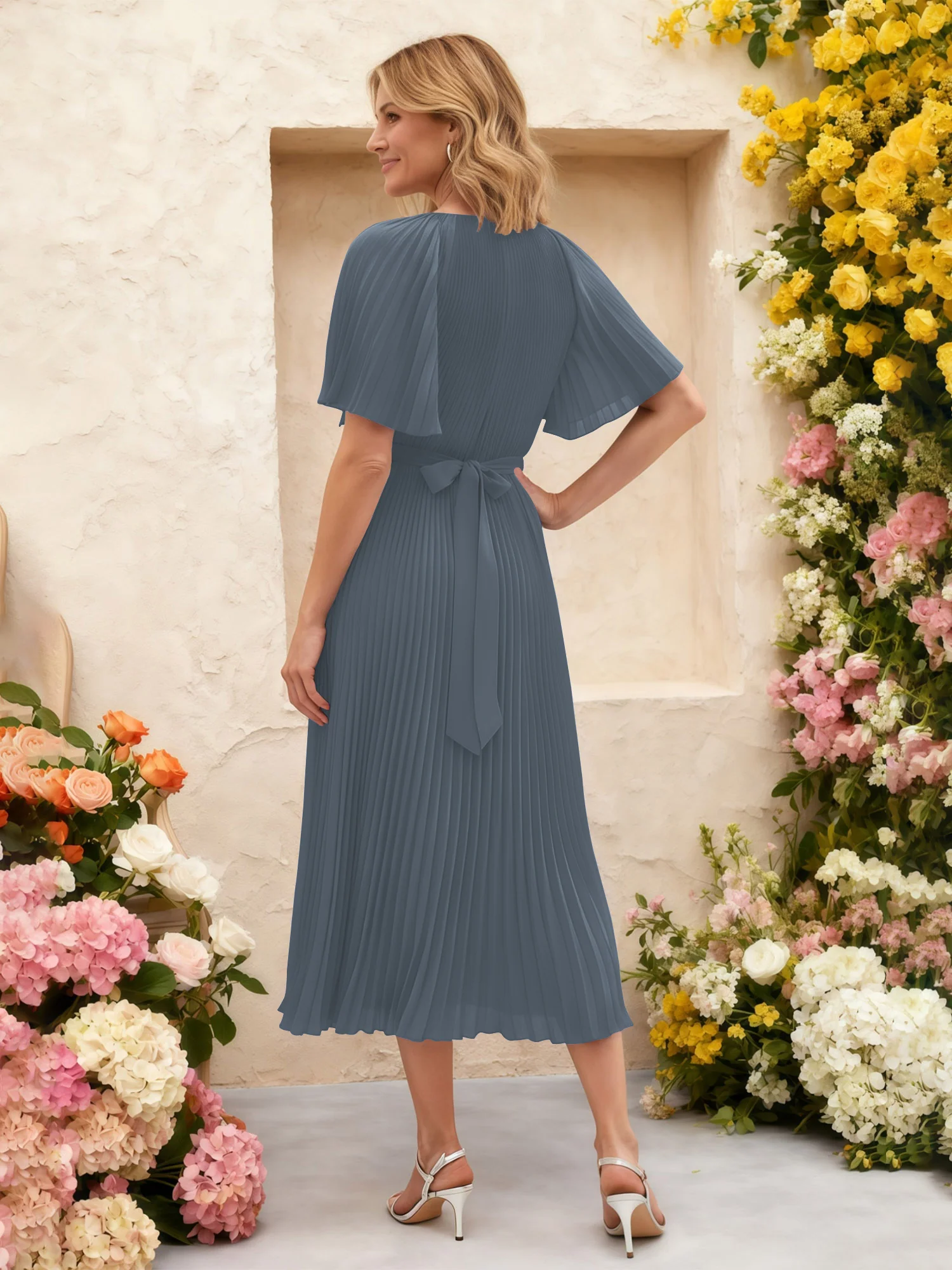 Chiffon Pleated Midi Dress with Floral Waist Detail Slate Blue - Image 2