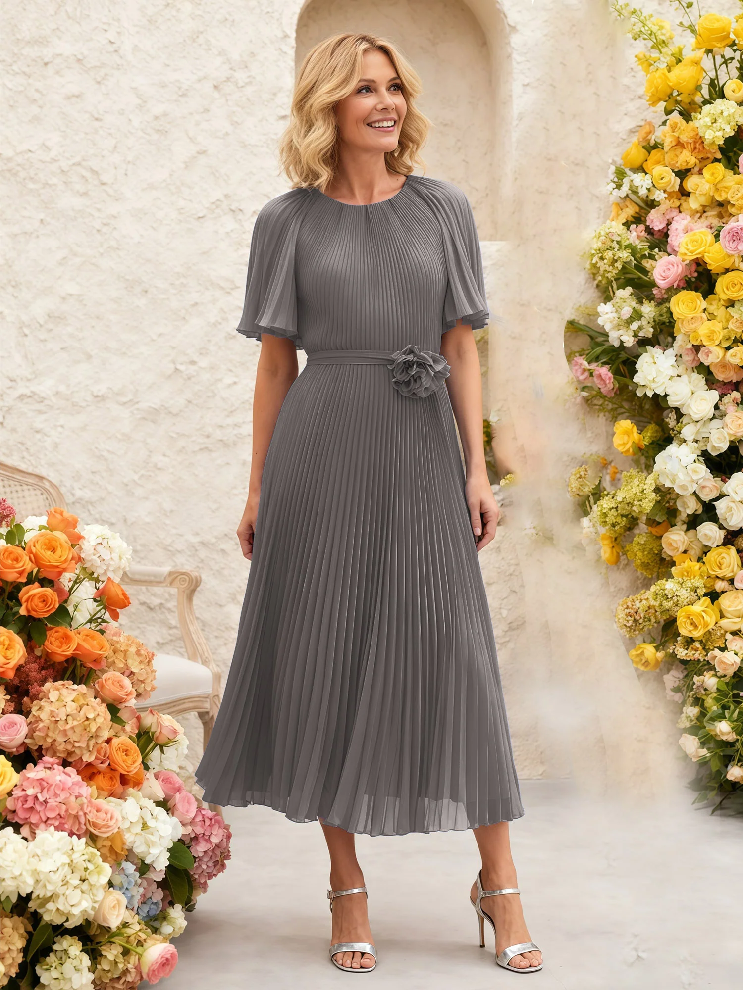 Chiffon Pleated Midi Dress with Floral Waist Detail Steel Grey