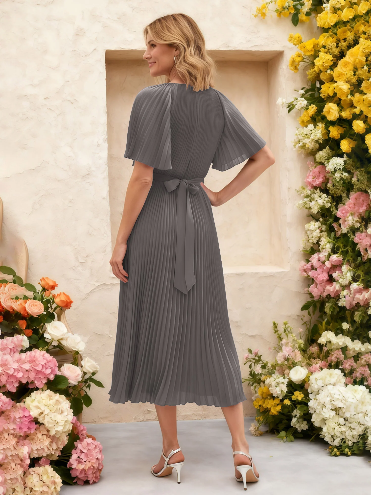 Chiffon Pleated Midi Dress with Floral Waist Detail Steel Grey - Image 2