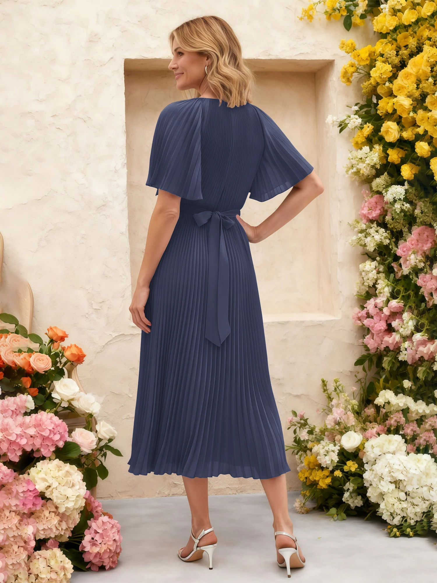 Chiffon Pleated Midi Dress with Floral Waist Detail Stormy - Image 2
