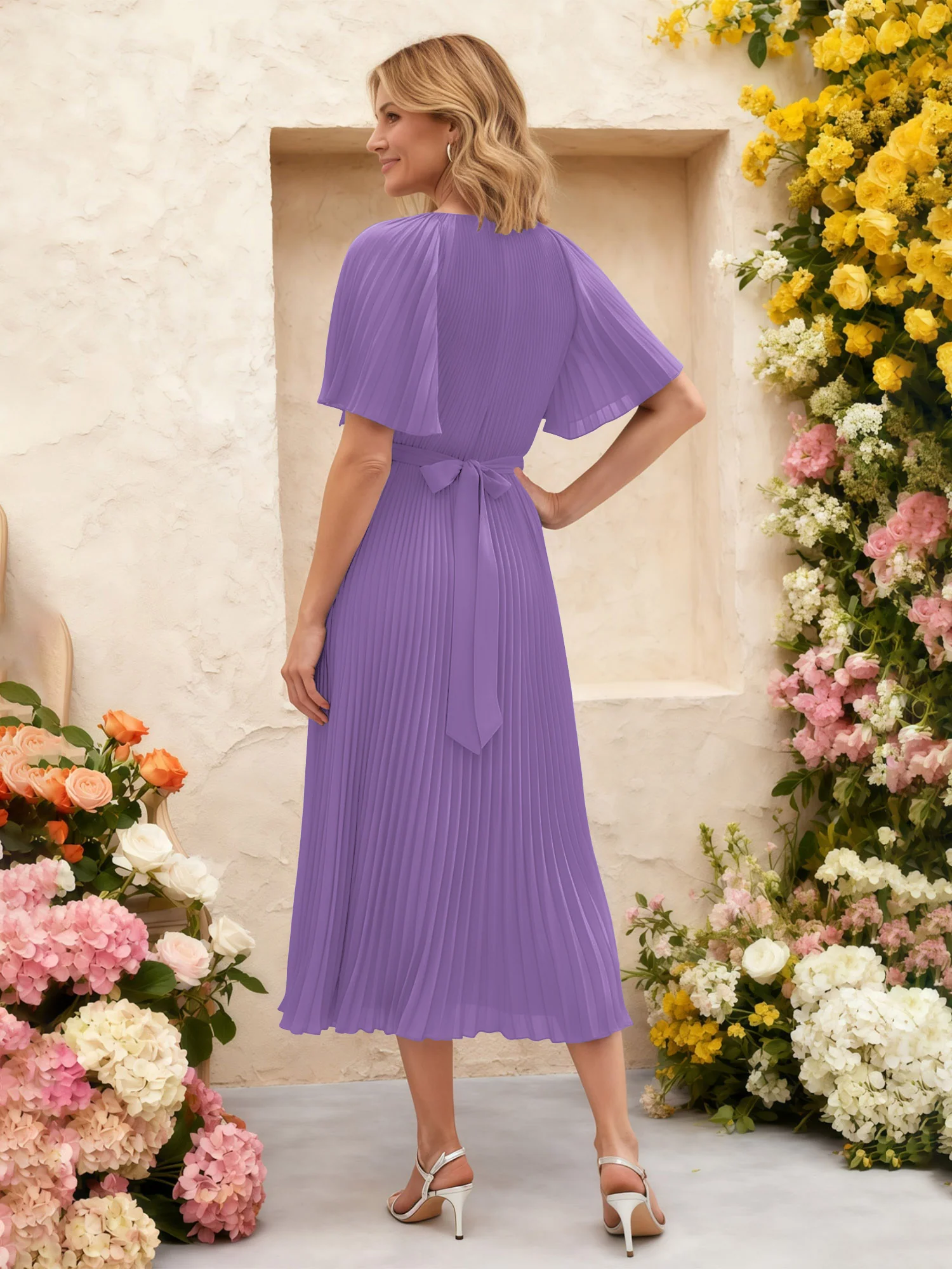 Chiffon Pleated Midi Dress with Floral Waist Detail Tahiti - Image 2