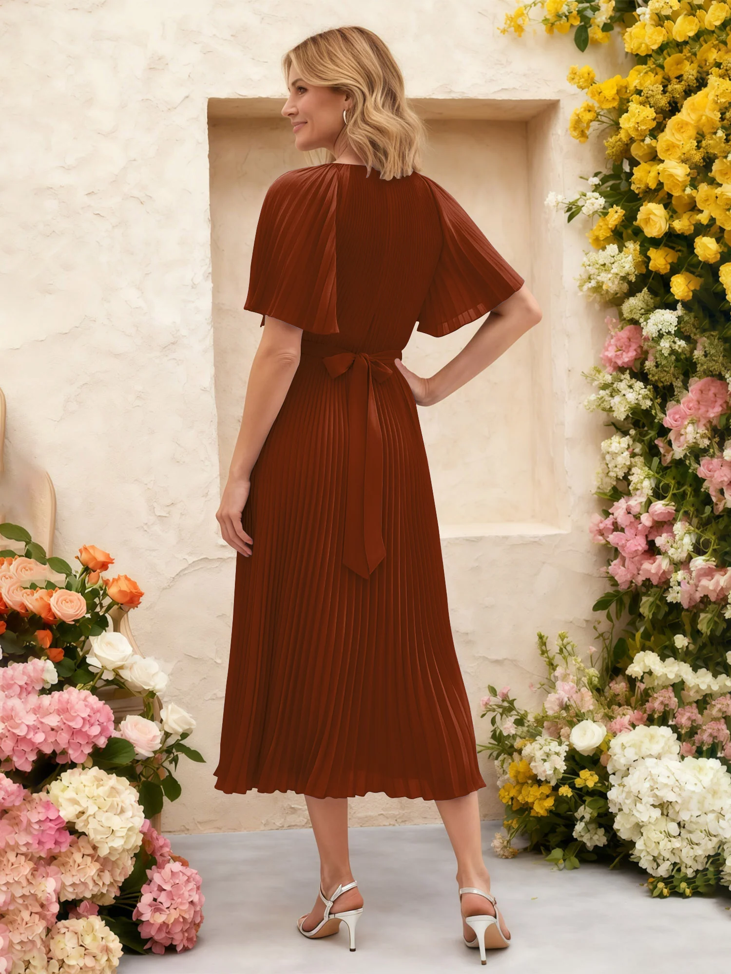 Chiffon Pleated Midi Dress with Floral Waist Detail Terracotta - Image 2