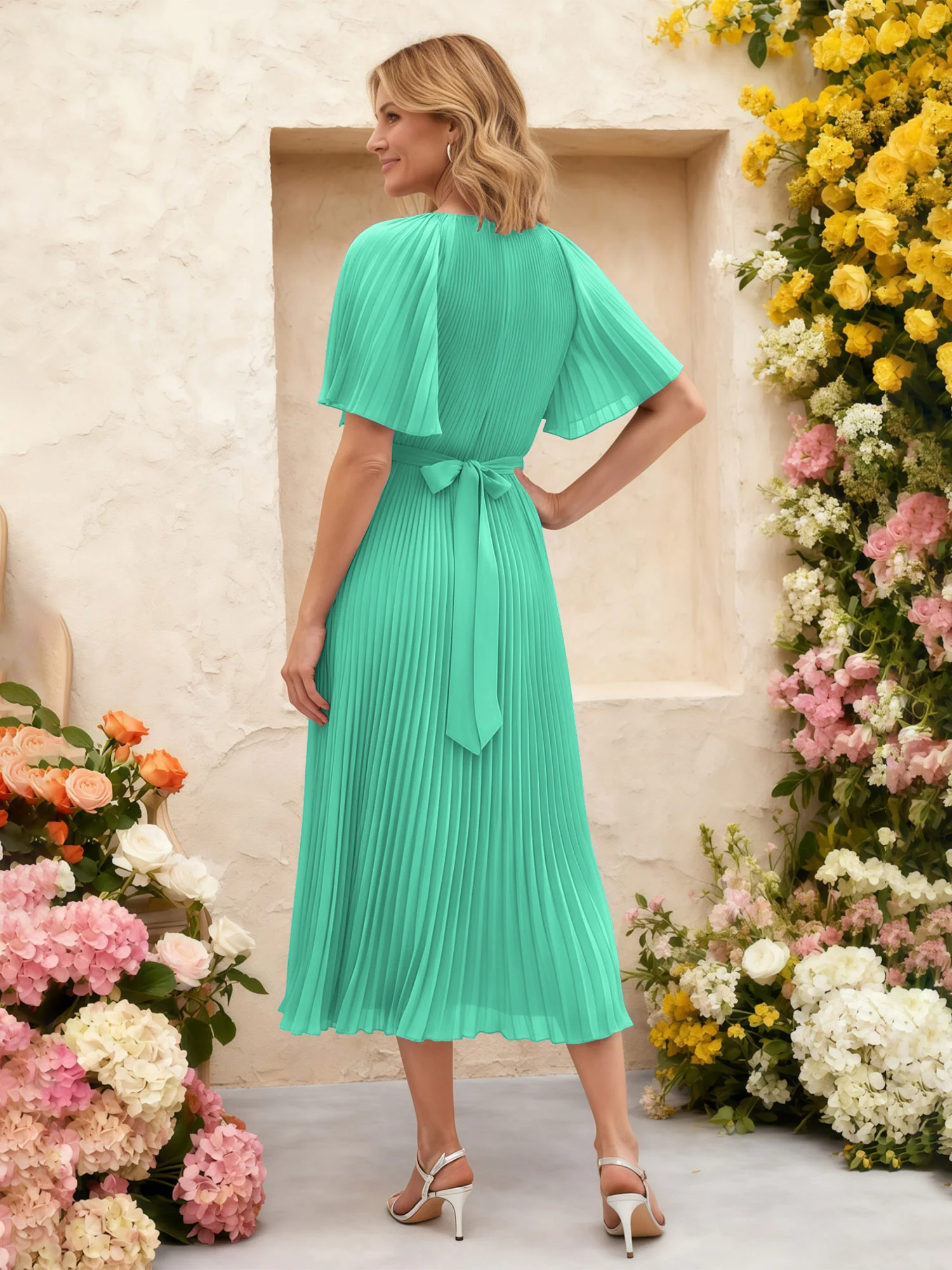 Chiffon Pleated Midi Dress with Floral Waist Detail Turquoise - Image 2