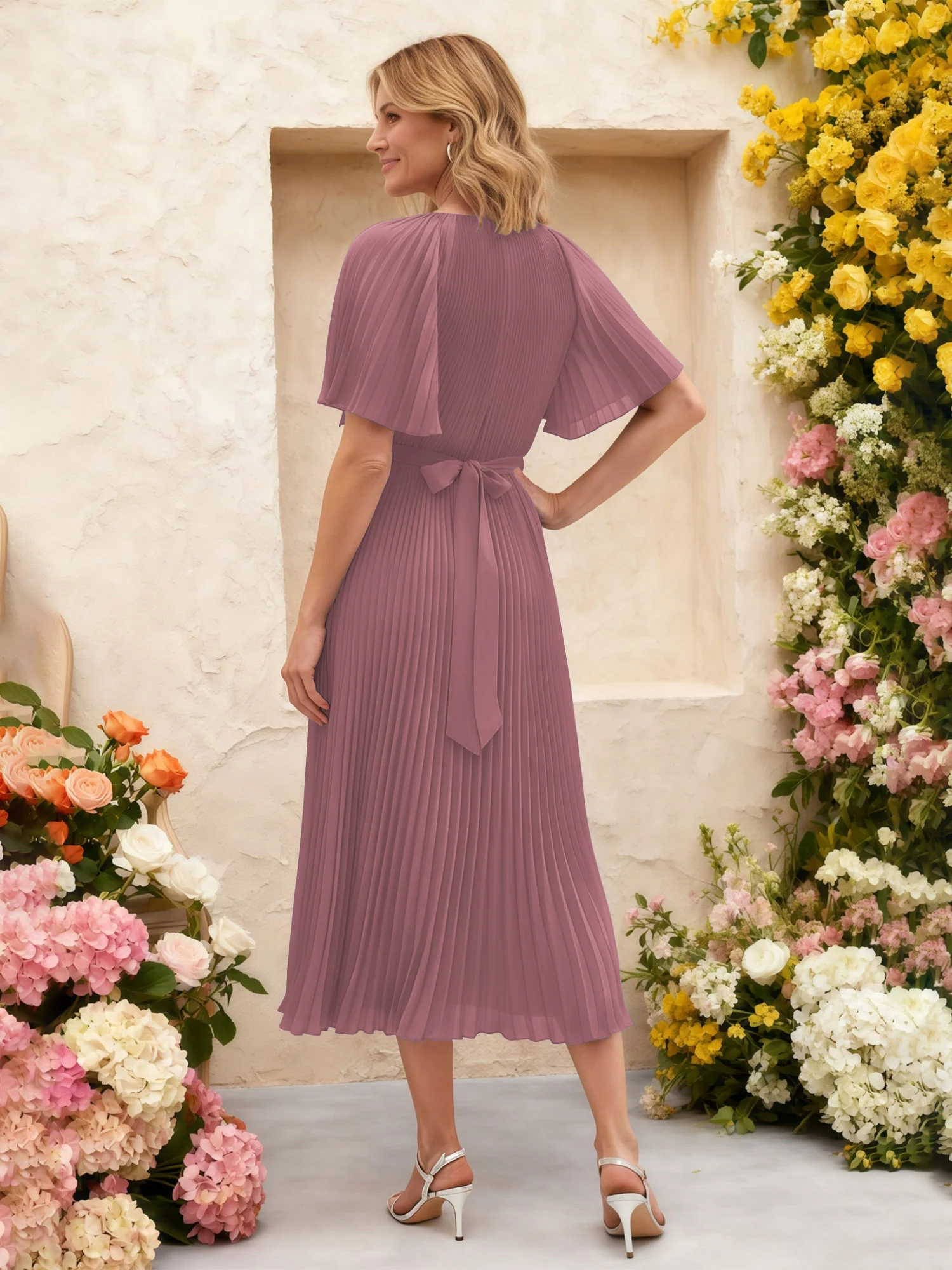 Chiffon Pleated Midi Dress with Floral Waist Detail Vintage Mauve - Image 2