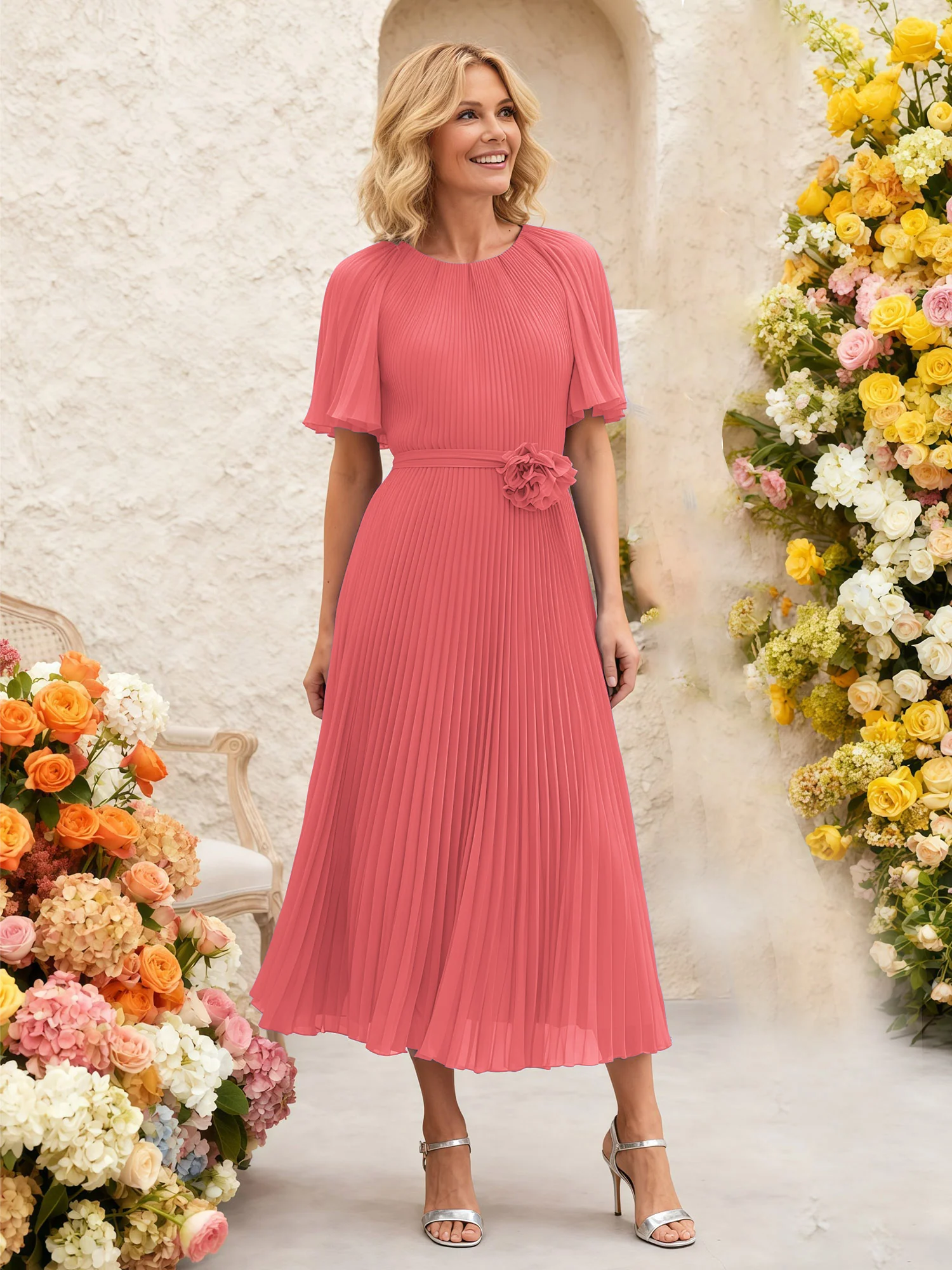 Chiffon Pleated Midi Dress with Floral Waist Detail Watermelon