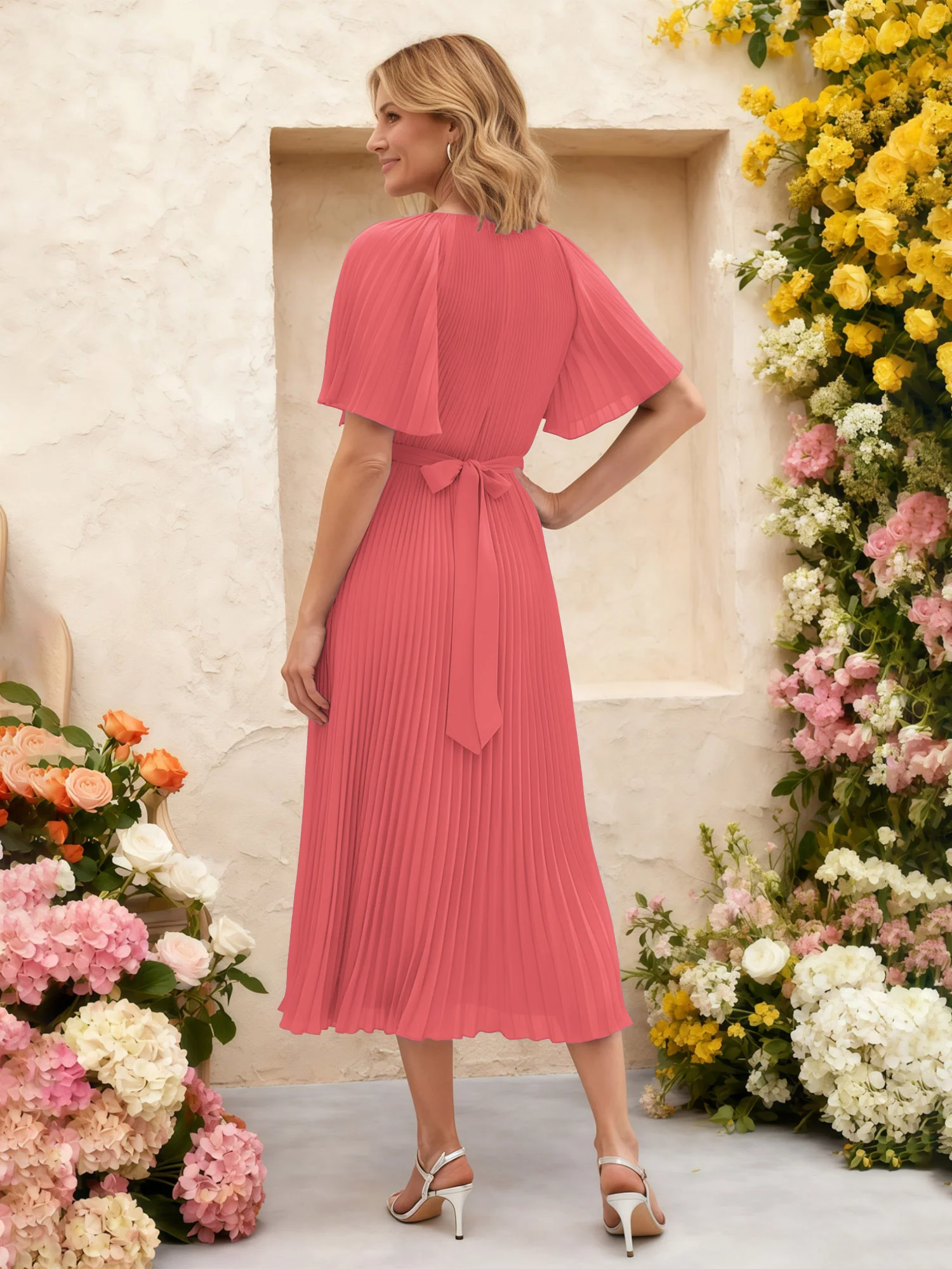 Chiffon Pleated Midi Dress with Floral Waist Detail Watermelon - Image 2