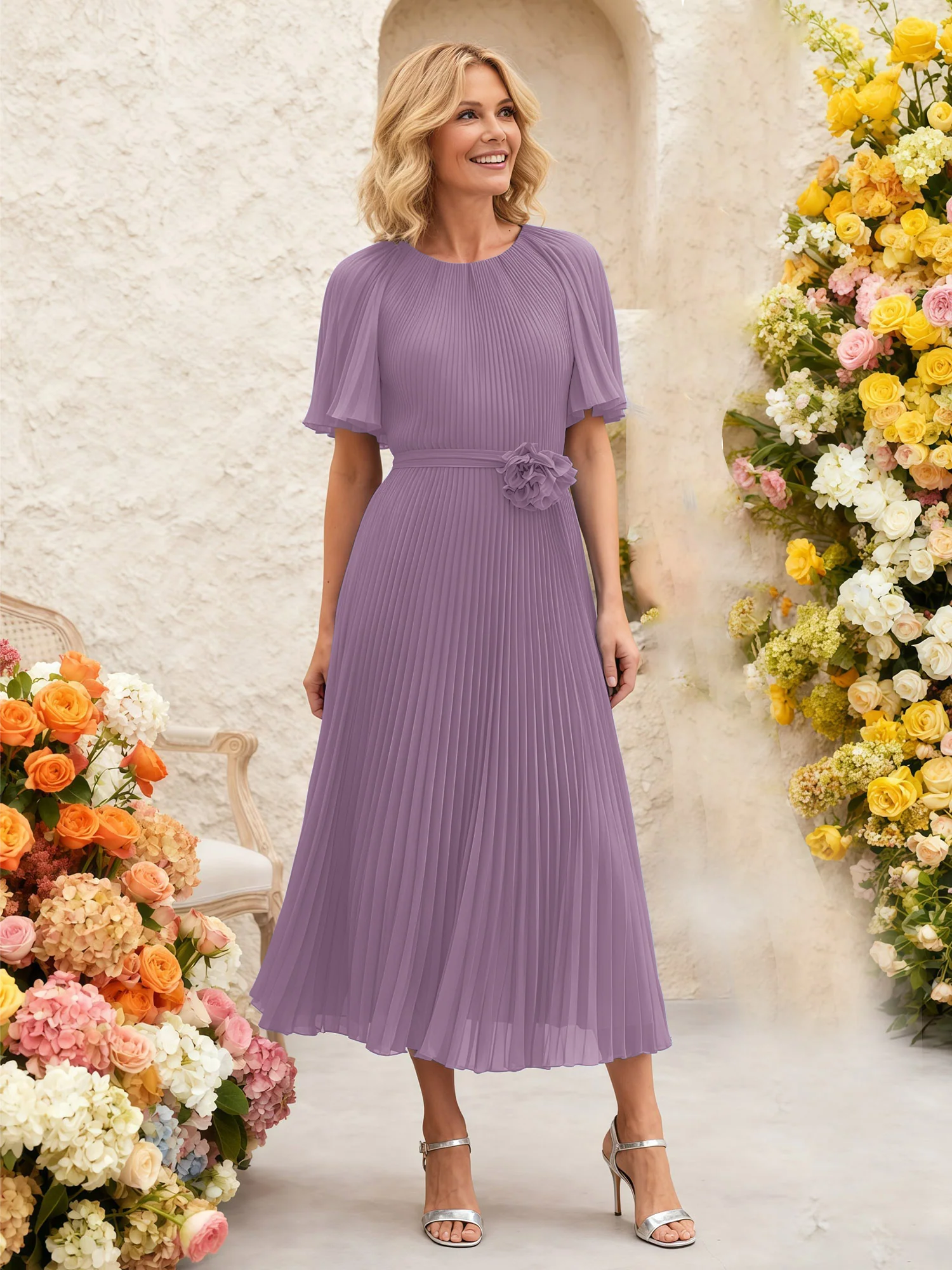 Chiffon Pleated Midi Dress with Floral Waist Detail Wisteria