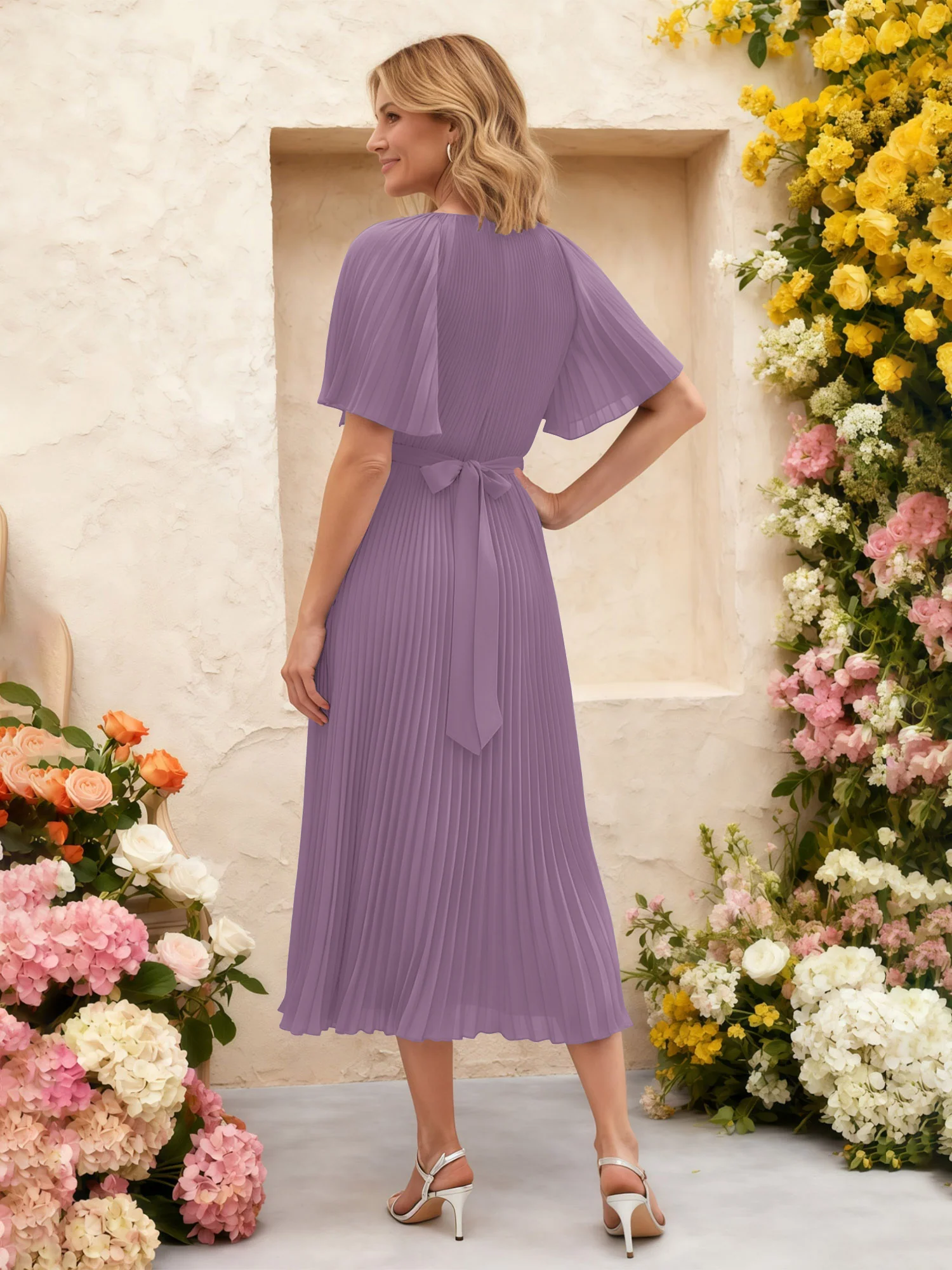Chiffon Pleated Midi Dress with Floral Waist Detail Wisteria - Image 2
