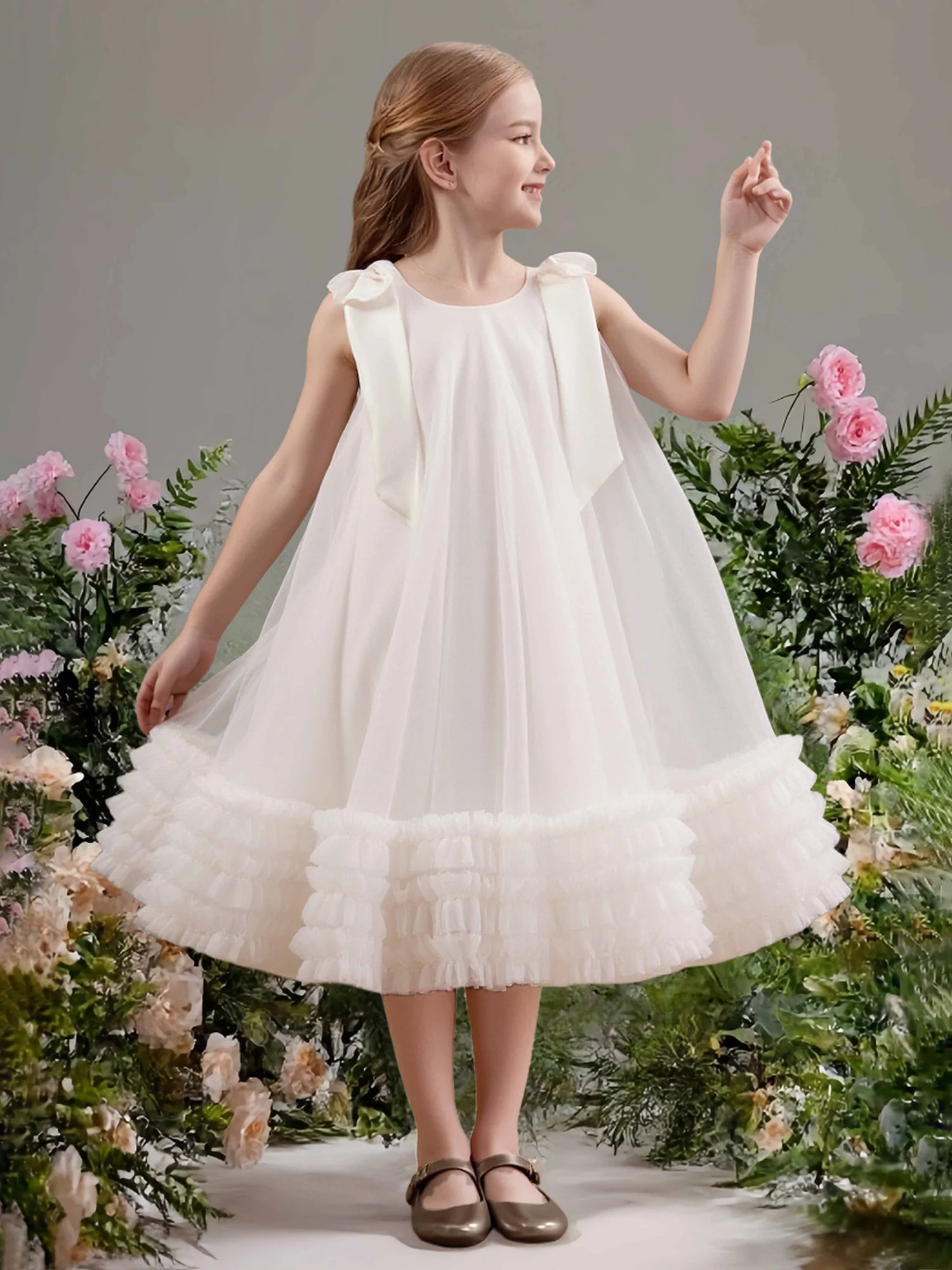 Shoulder Bow Ruffle Hem A-Line Flower Girl Dress Ivory