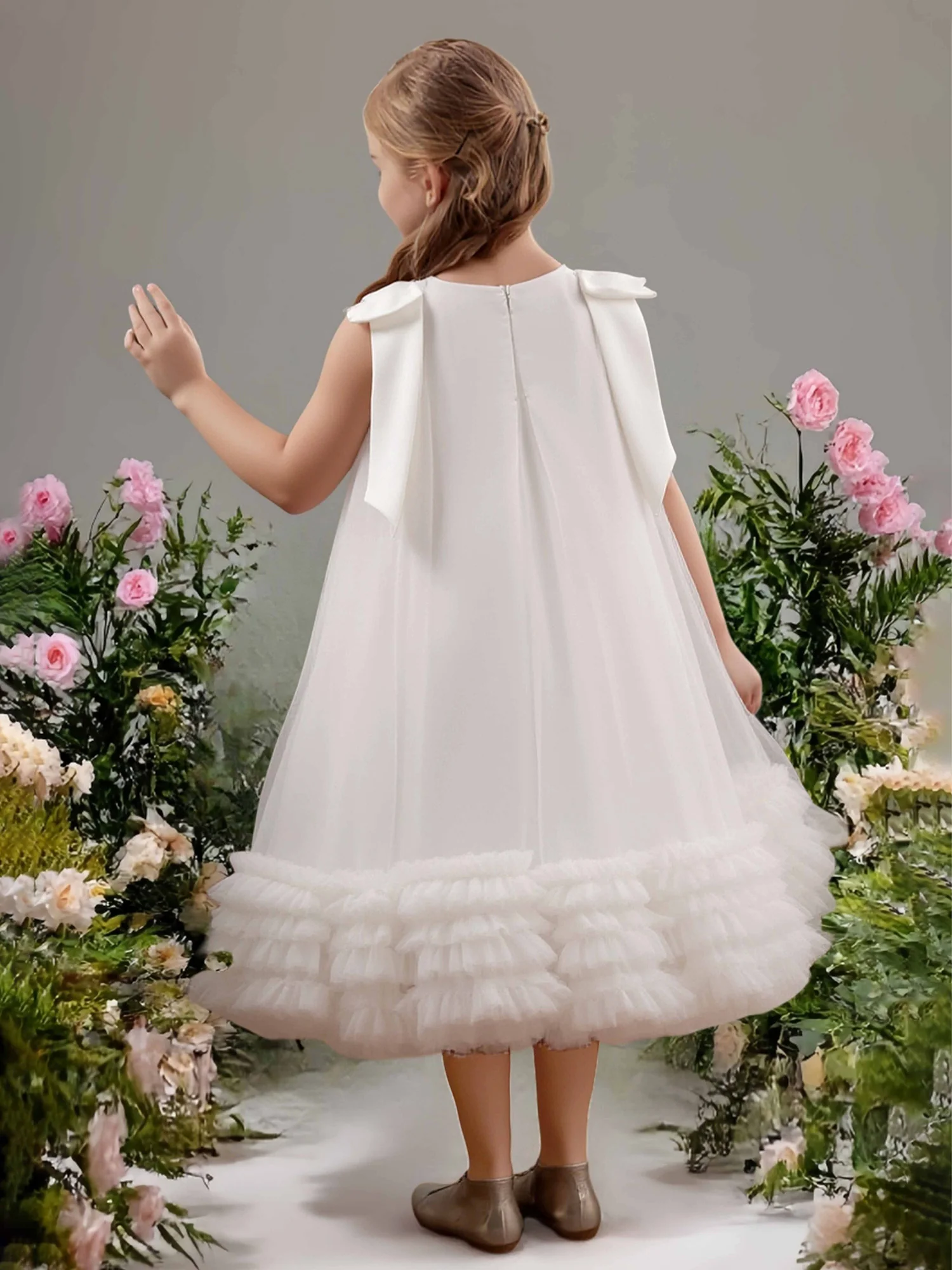Shoulder Bow Ruffle Hem A-Line Flower Girl Dress Ivory - Image 2
