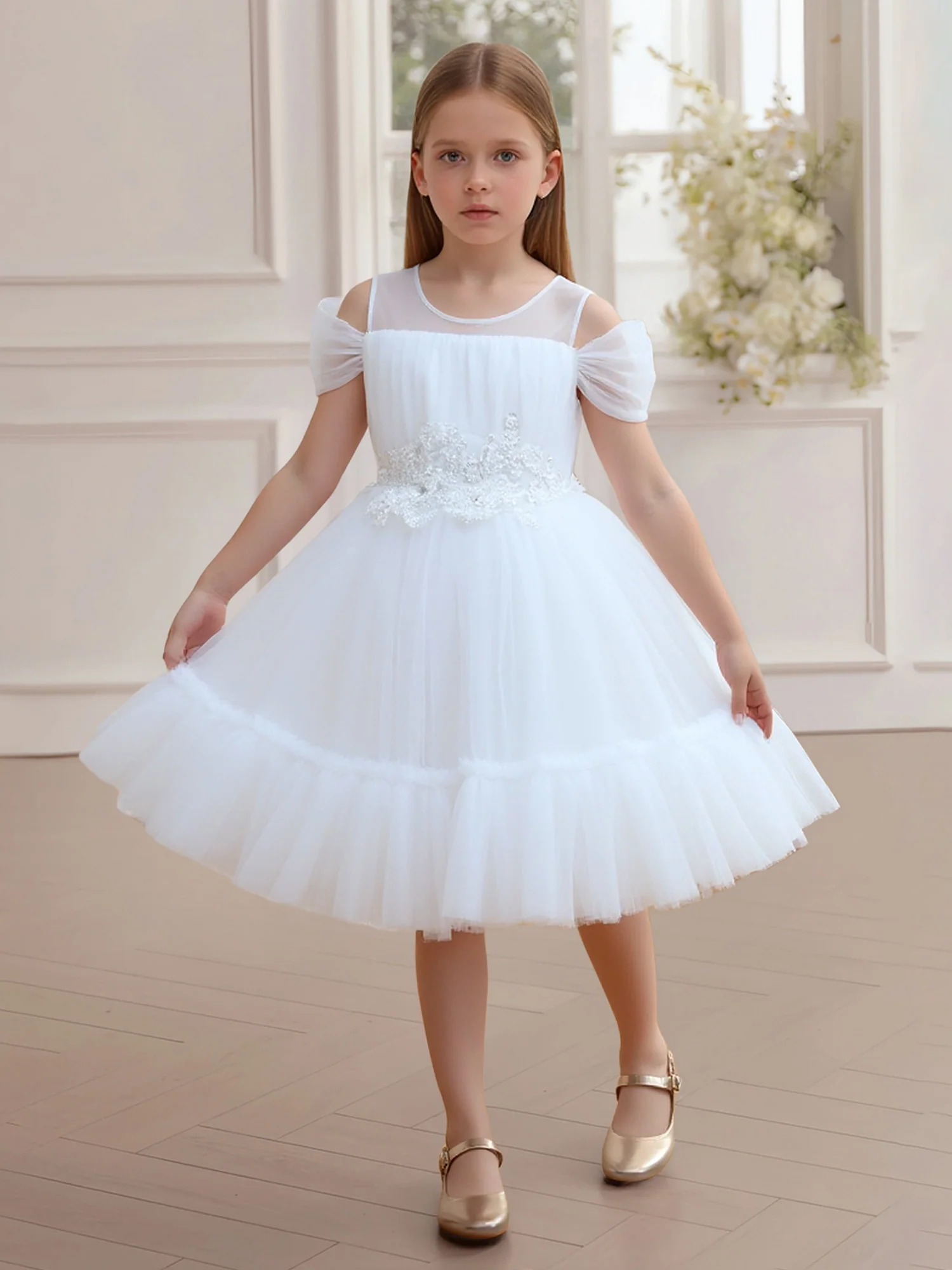 Beaded Waist Tulle Skirt Party Flower Girl Dress White