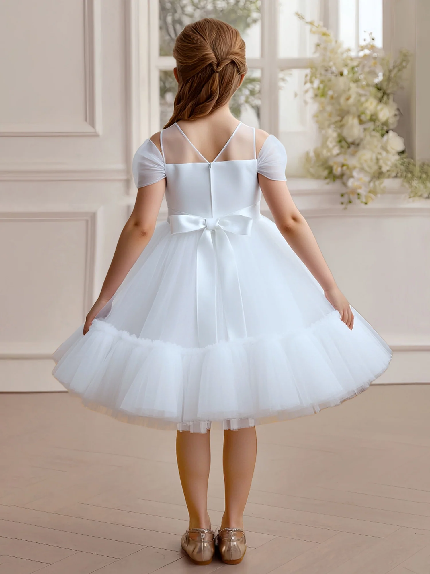 Beaded Waist Tulle Skirt Party Flower Girl Dress White - Image 2