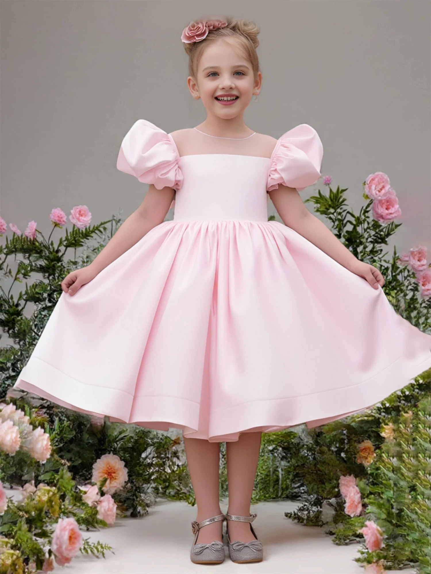 Illusion Cap Sleeves Knee-Length Flower Girl Dress Blushing Pink