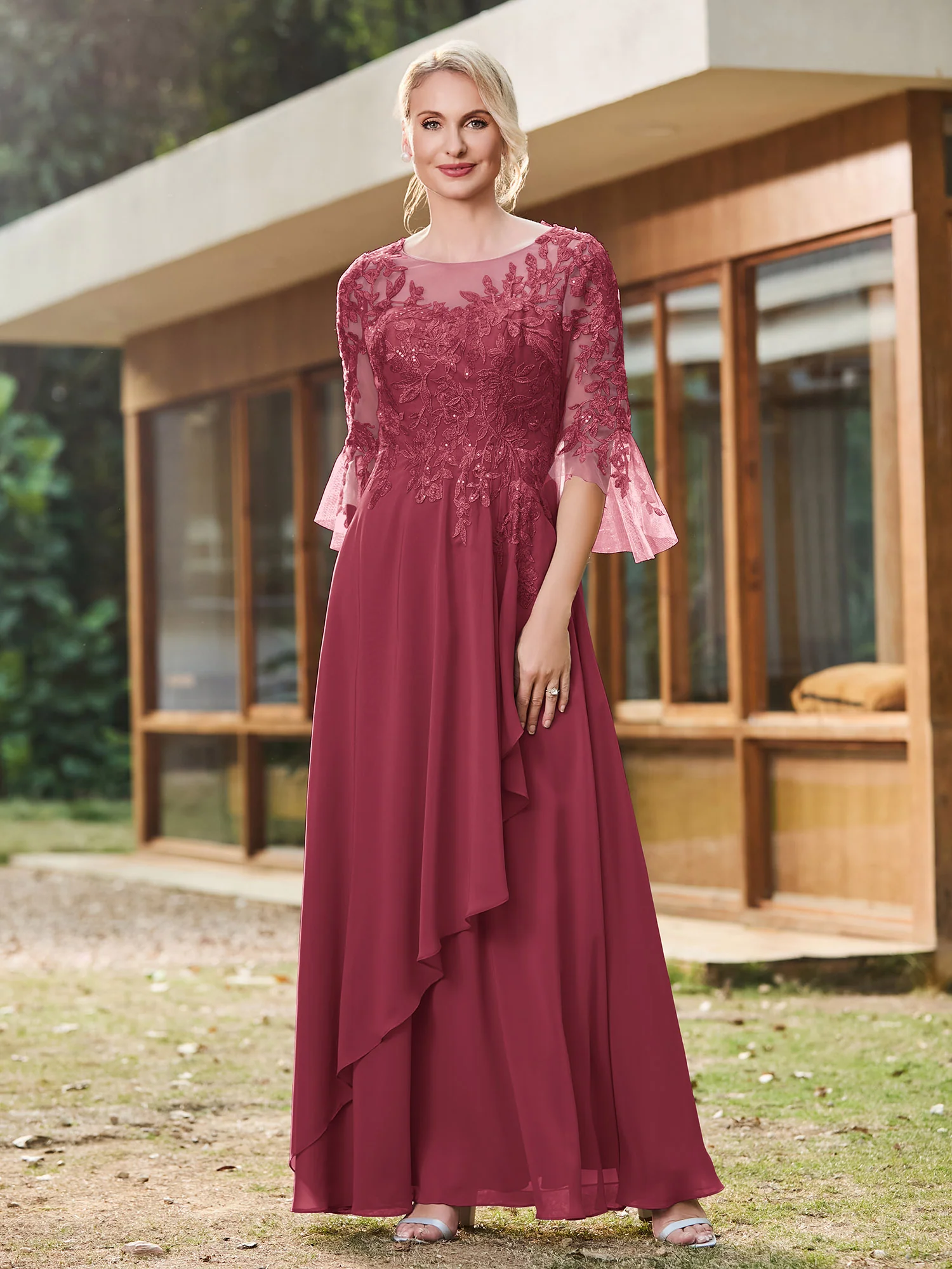Illusion Half Sleeve Lace Applique Chiffon Dress Cinnamon Rose