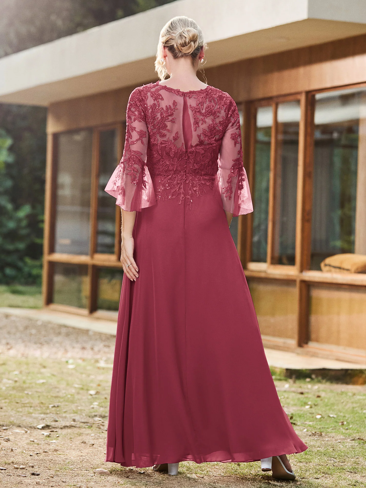 Illusion Half Sleeve Lace Applique Chiffon Dress Cinnamon Rose - Image 2