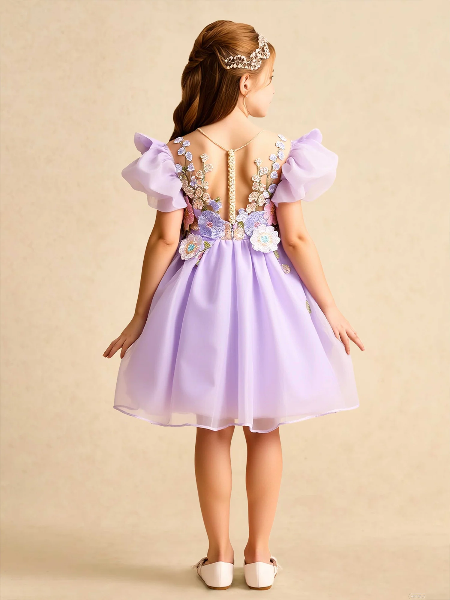 Illusion Neck Applique Knee-Length Flower Girl Dress Lilac - Image 2