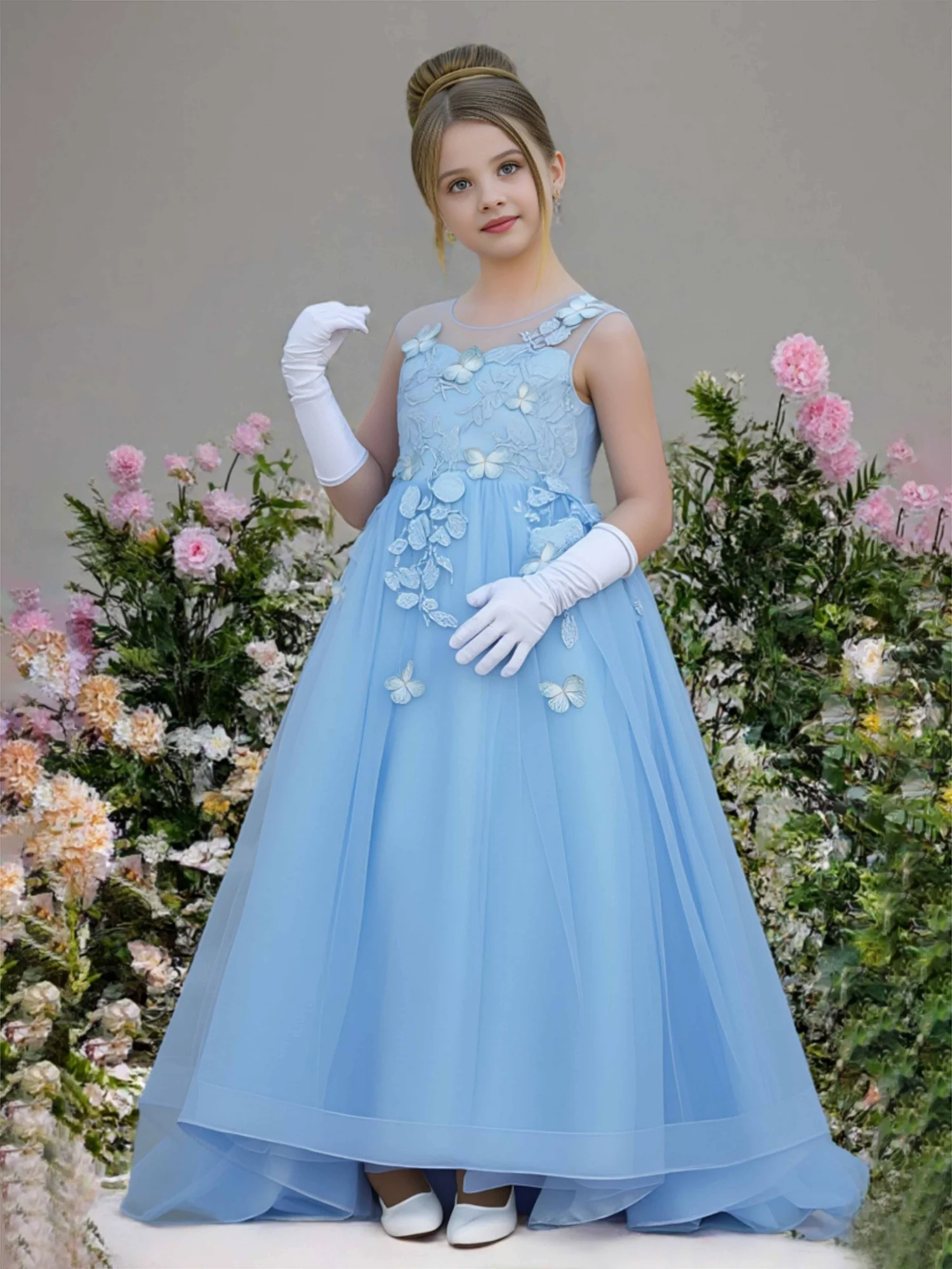 Illusion Neck Butterfly Applique Tulle Flower Girl Dress Blue