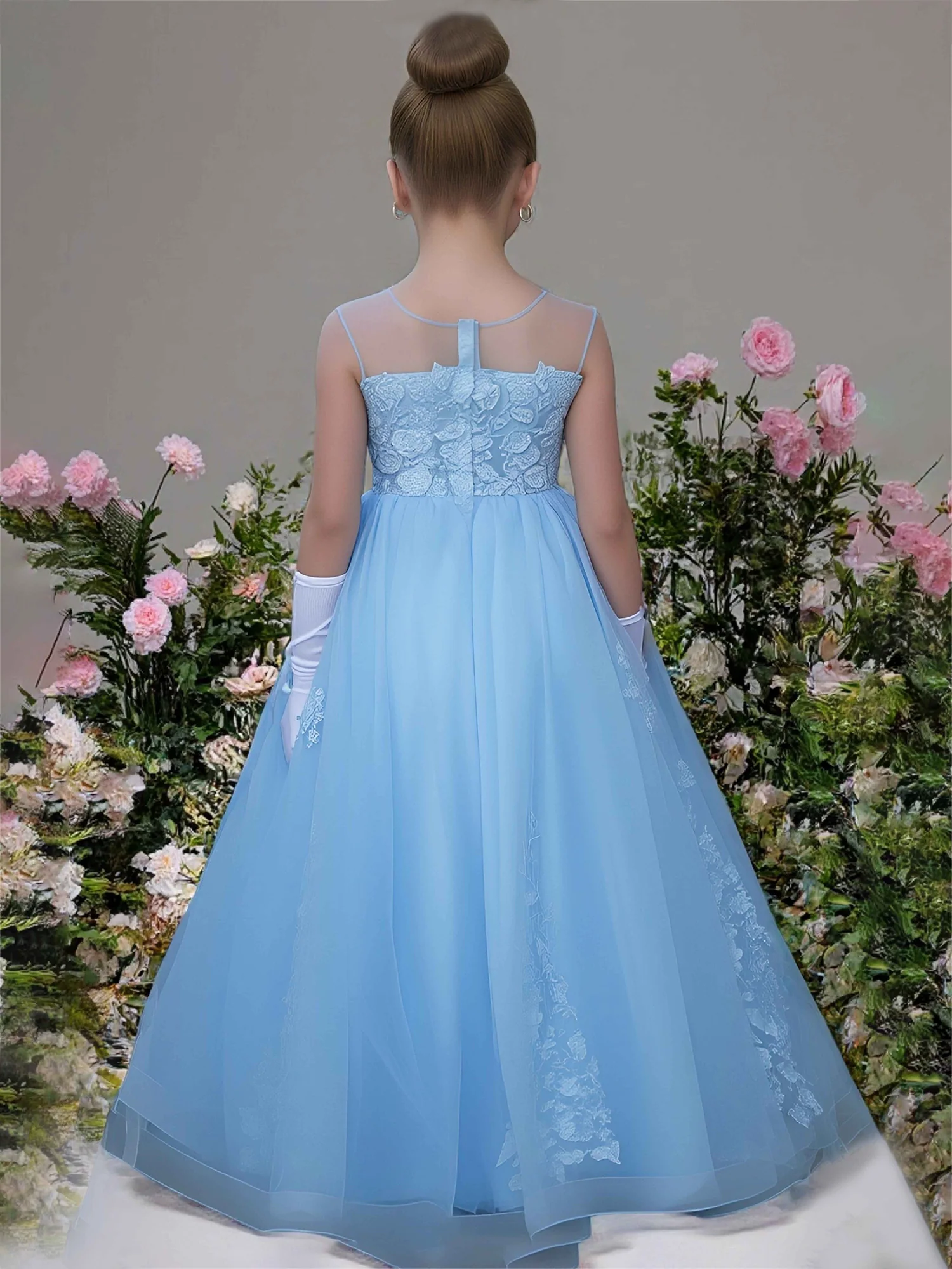 Illusion Neck Butterfly Applique Tulle Flower Girl Dress Blue - Image 2
