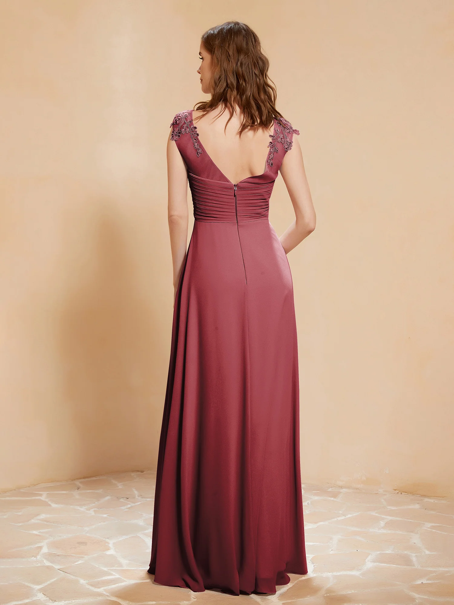 Illusion Neck Cap Sleeve Chiffon Lace Dress Cinnamon Rose - Image 2