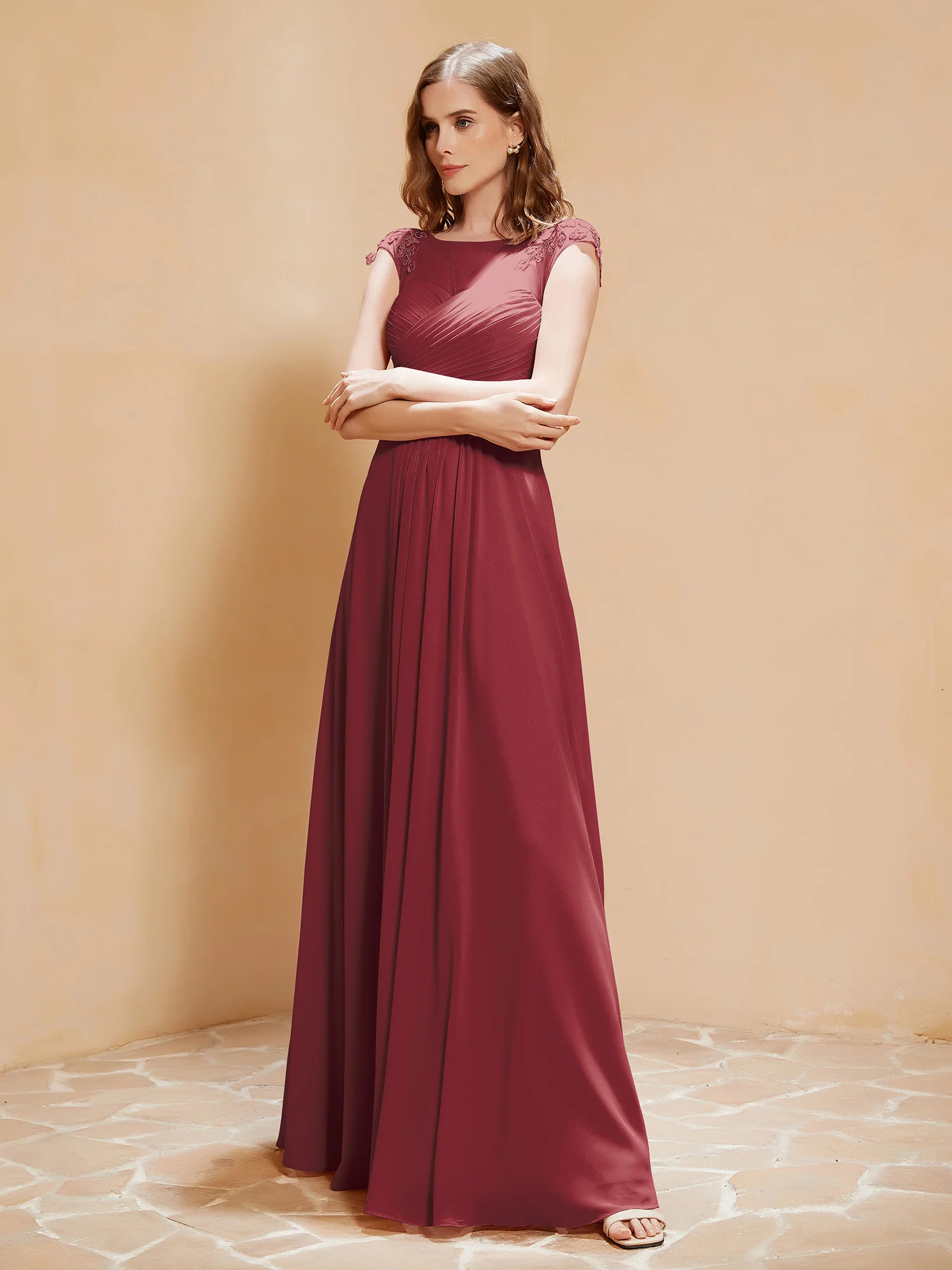 Illusion Neck Cap Sleeve Chiffon Lace Dress Cinnamon Rose Plus size - Image 3