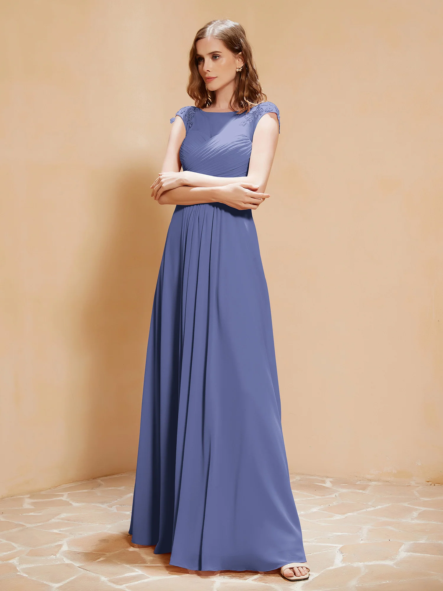 Illusion Neck Cap Sleeve Chiffon Lace Dress Periwinkle - Image 3