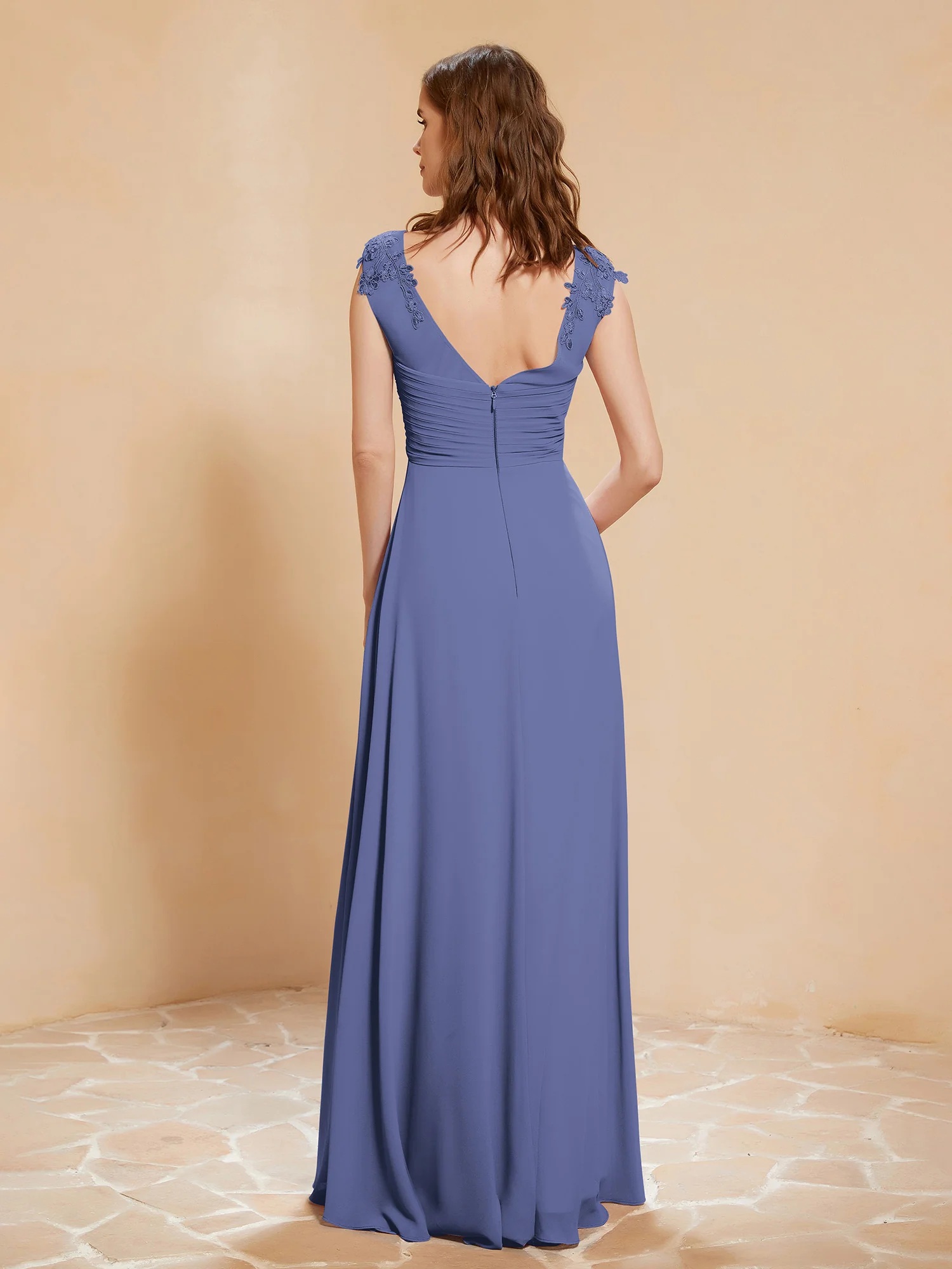Illusion Neck Cap Sleeve Chiffon Lace Dress Periwinkle Plus size - Image 2