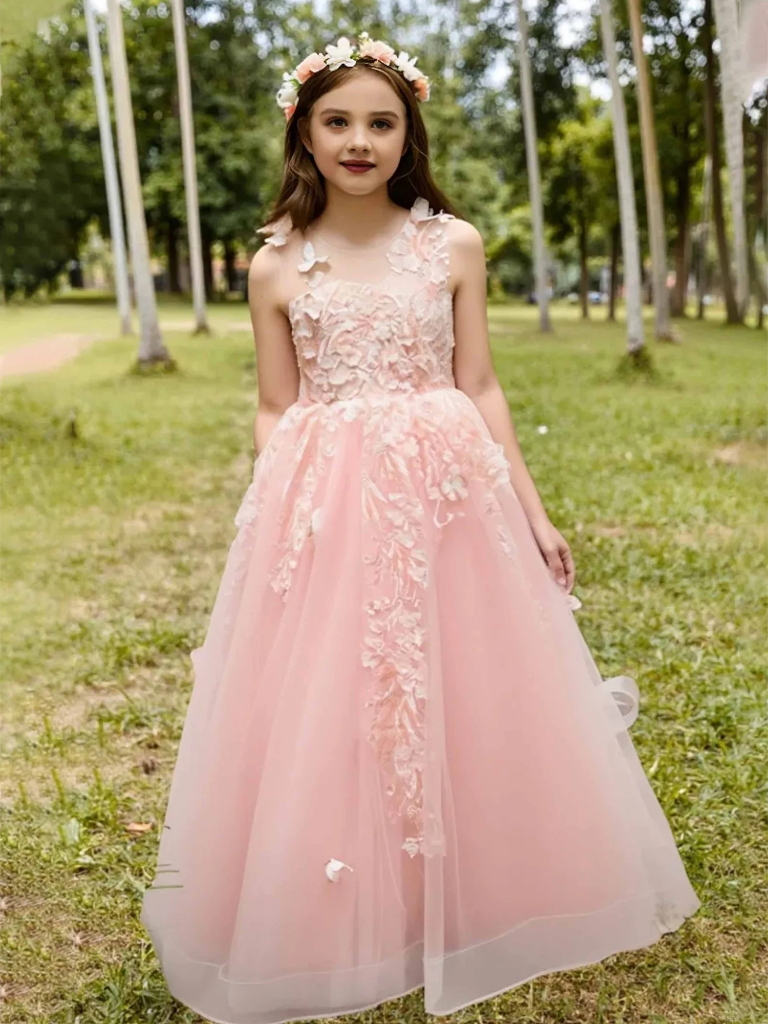 Illusion Neck Lace Applique Tulle Flower Girl Dress Pearl Pink