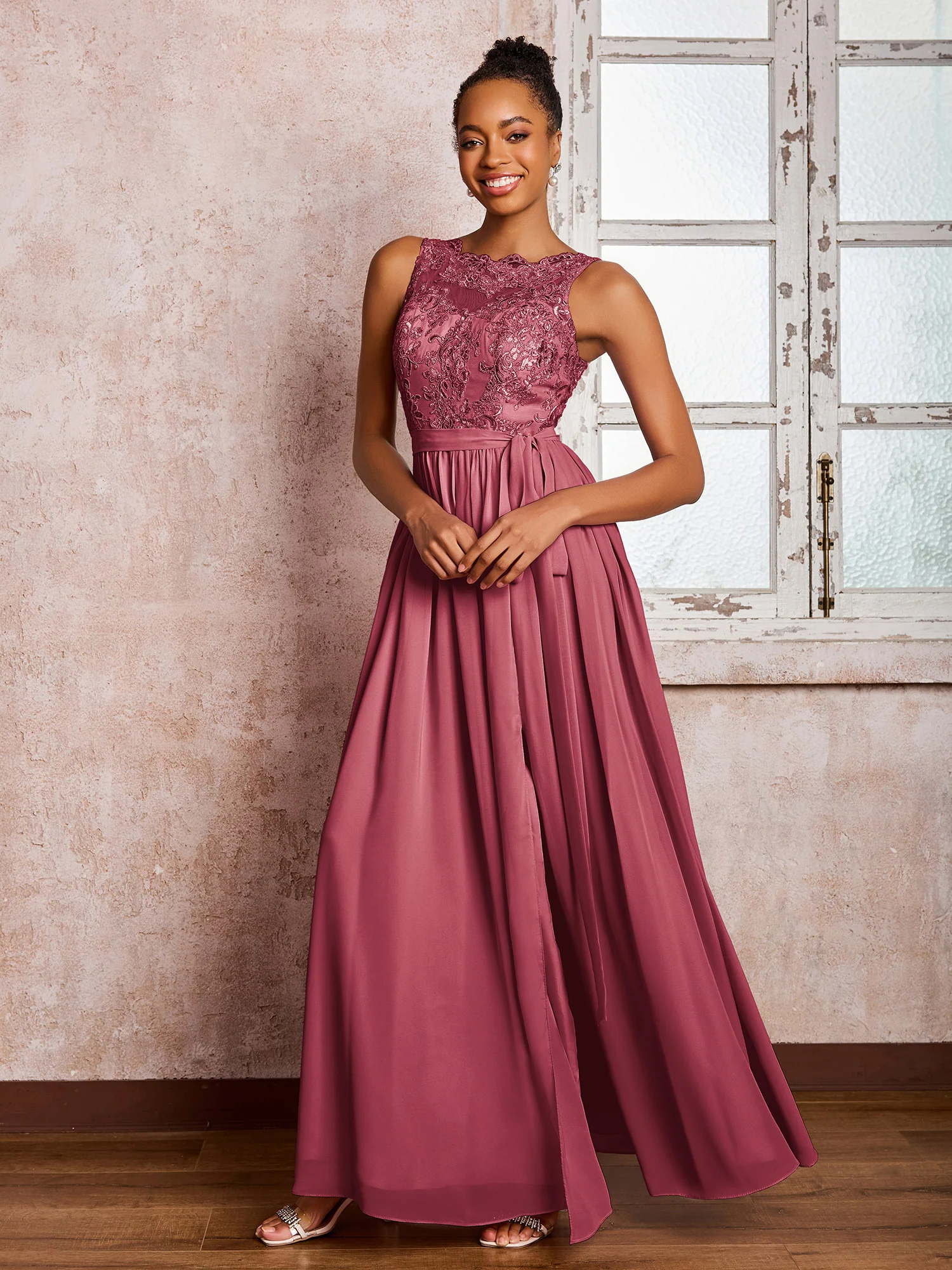 Illusion Neck Lace Top Chiffon Skirt Maxi Dresses with Bow Cinnamon Rose