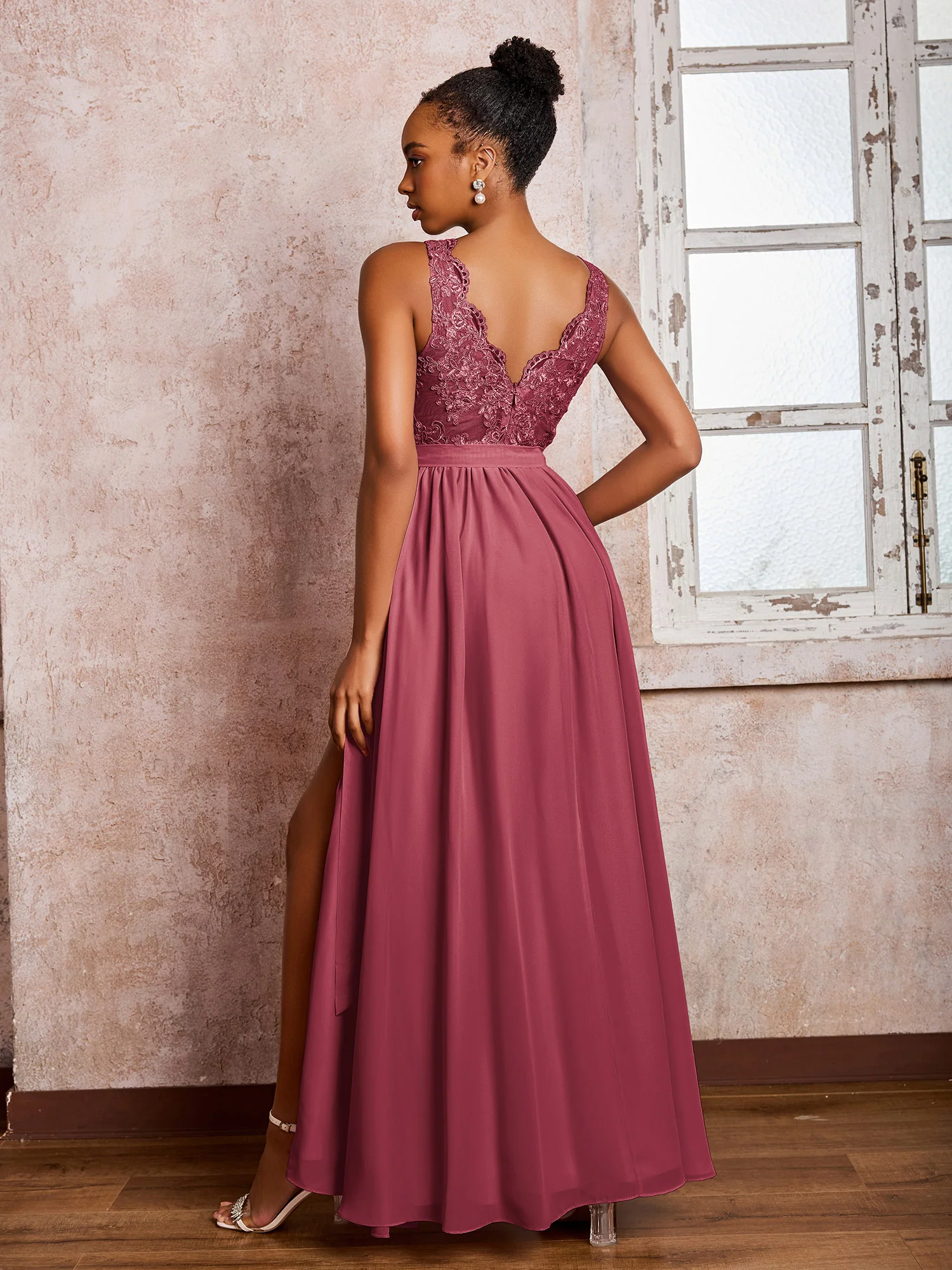 Illusion Neck Lace Top Chiffon Skirt Maxi Dresses with Bow Cinnamon Rose - Image 2