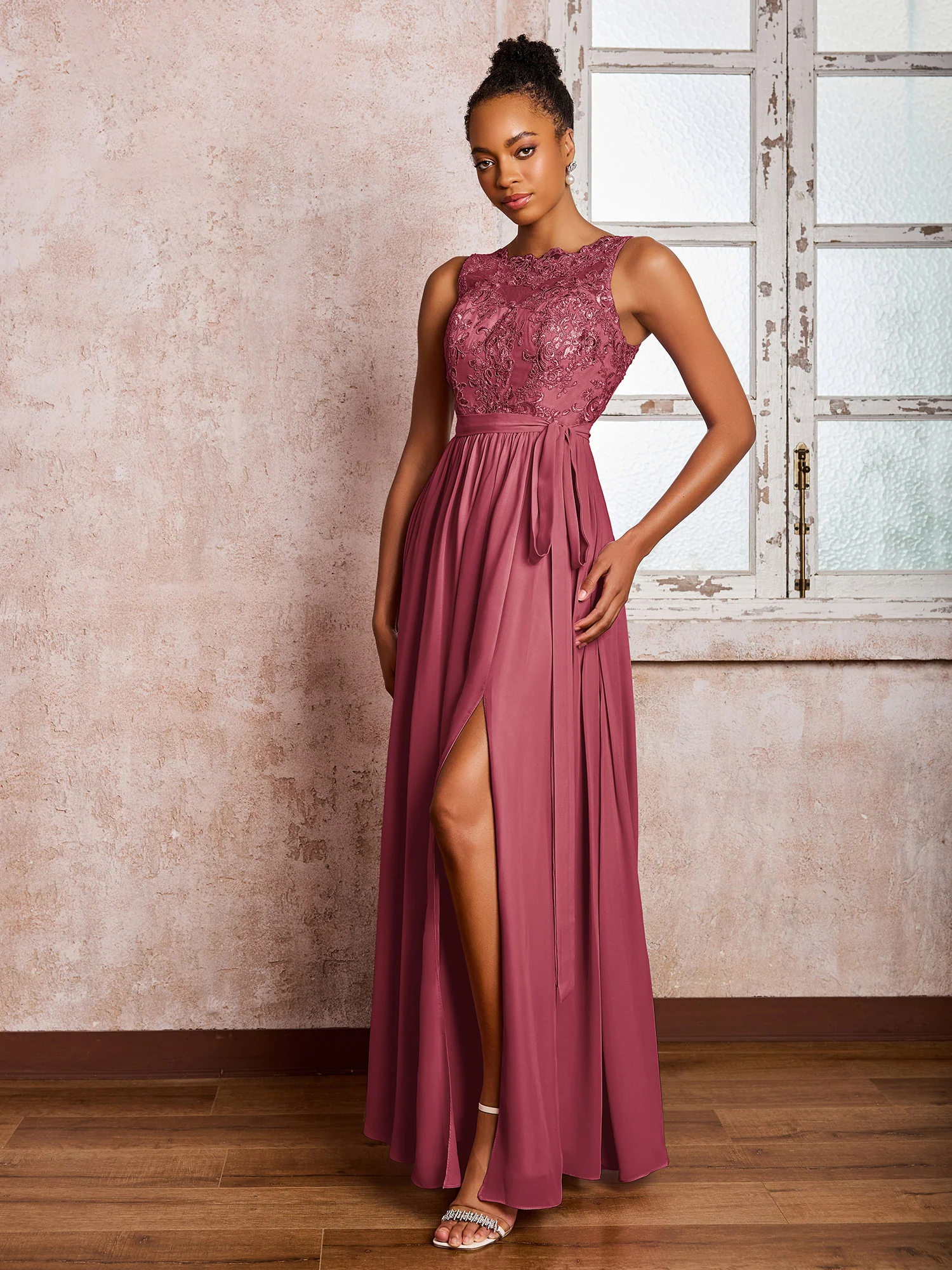 Illusion Neck Lace Top Chiffon Skirt Maxi Dresses with Bow Cinnamon Rose - Image 3