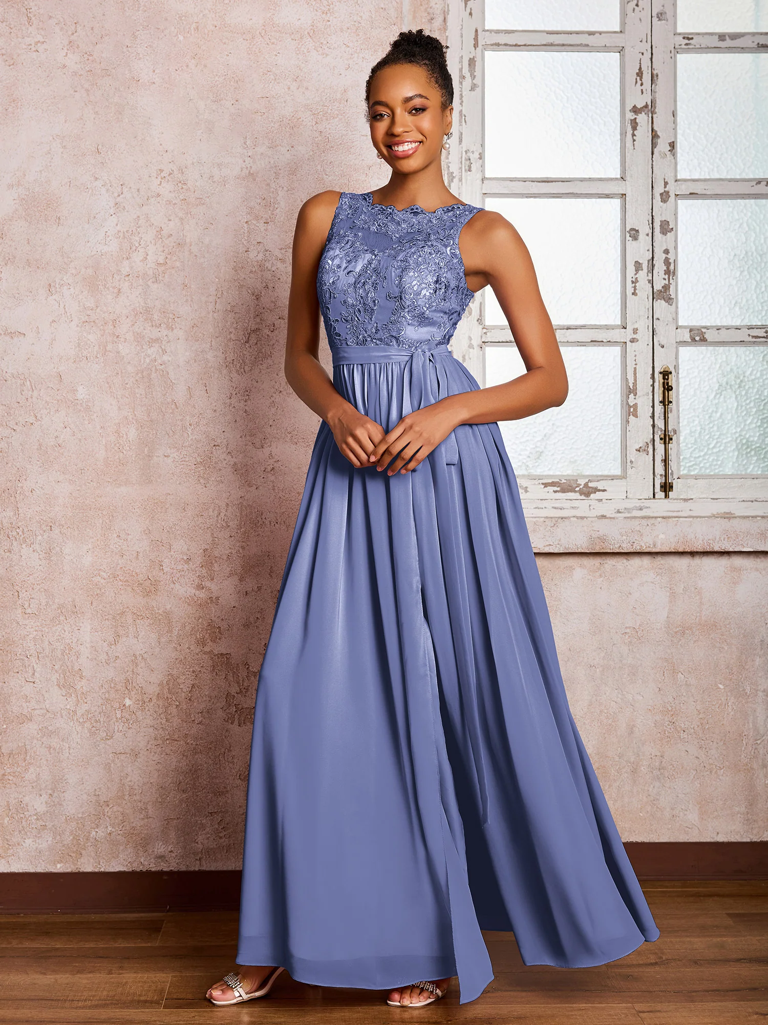 Illusion Neck Lace Top Chiffon Skirt Maxi Dresses with Bow Periwinkle