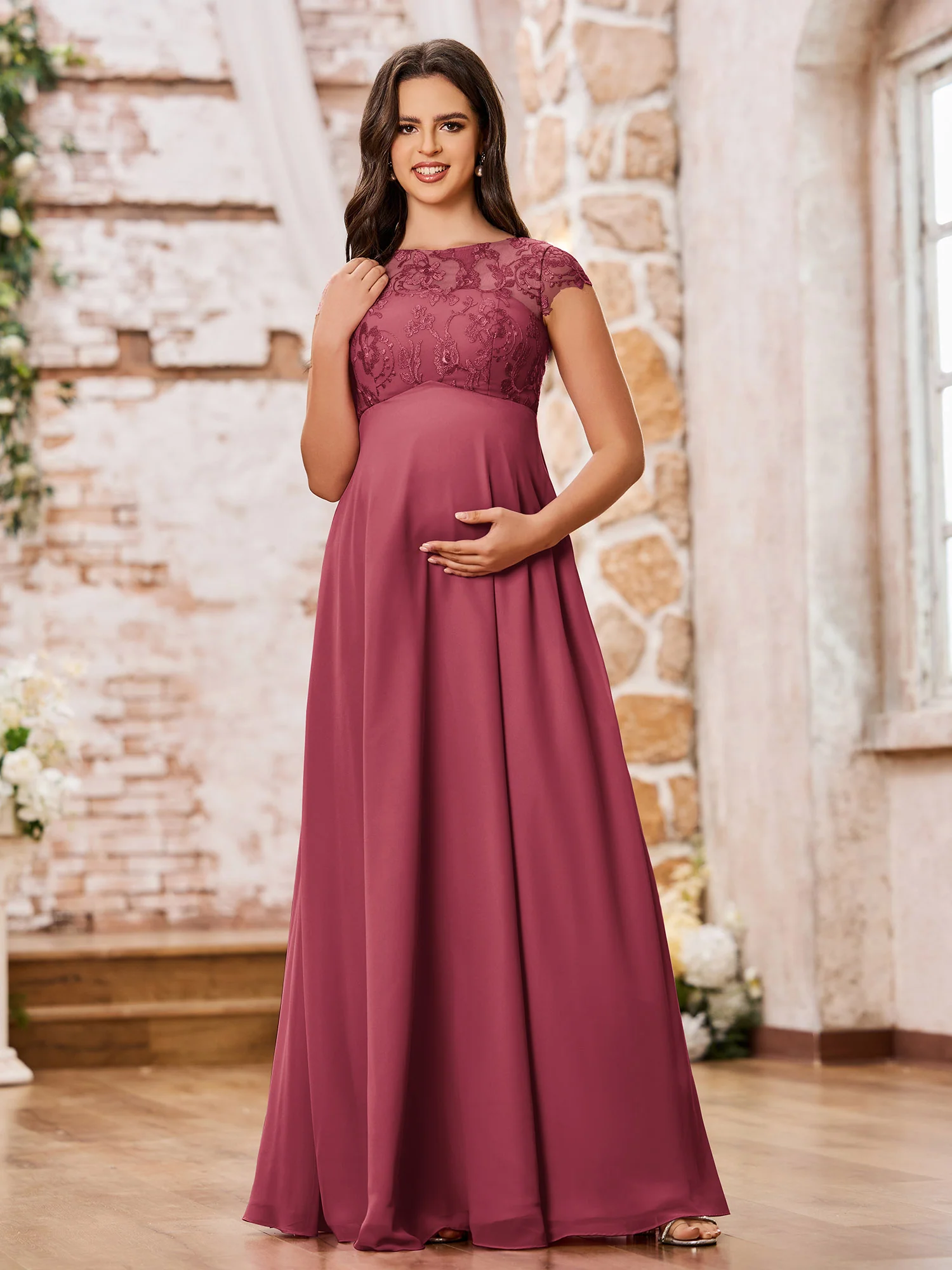 Illusion Neck Lace Top Empire Maxi Maternity Dresses Cinnamon Rose
